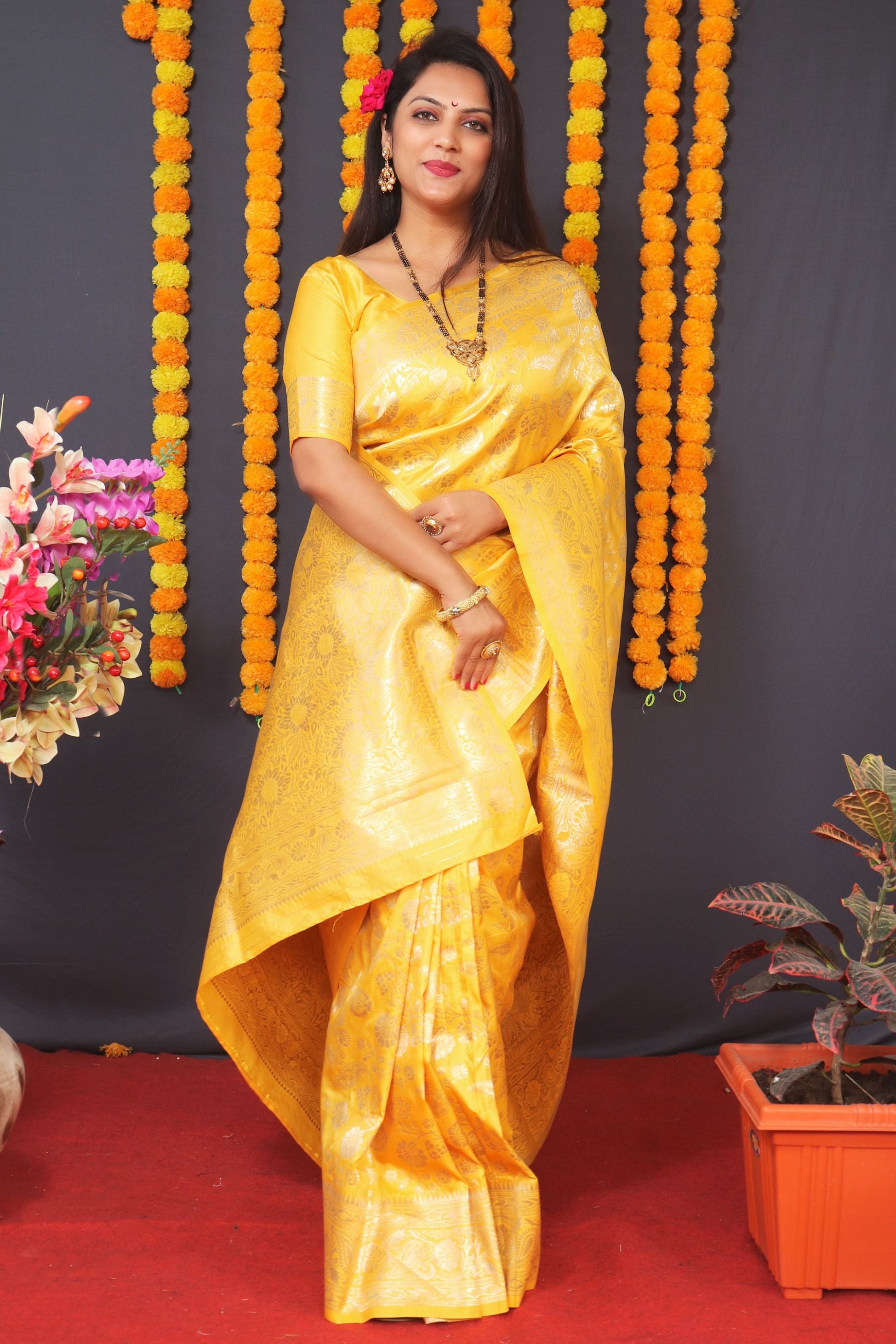 Yellow & Gold Toned Woven Design Zari Silk Blend Banarasi Saree