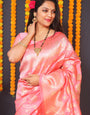 Peach & Gold Toned Woven Design Zari Silk Blend Banarasi Saree
