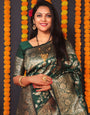 Green & Gold Toned Woven Design Zari Silk Blend Banarasi Saree