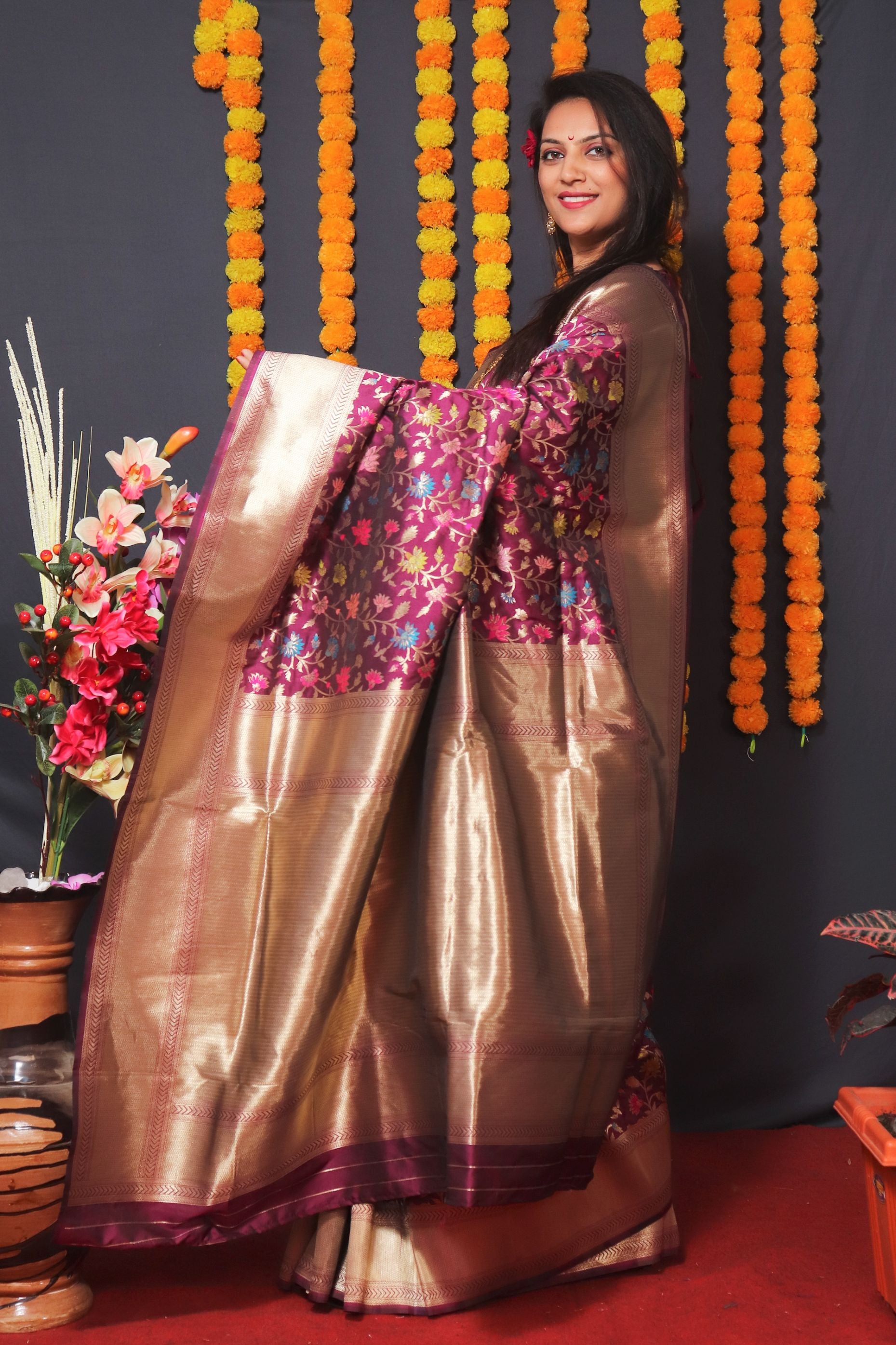 Wine color Bollywood look Beautiful Banarasi saree With designer Blouse and Pallu