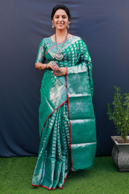 Steel Rama Toned Woven Design Silver Zari Work Silk Blend Kanjeevaram Saree And blouse pis