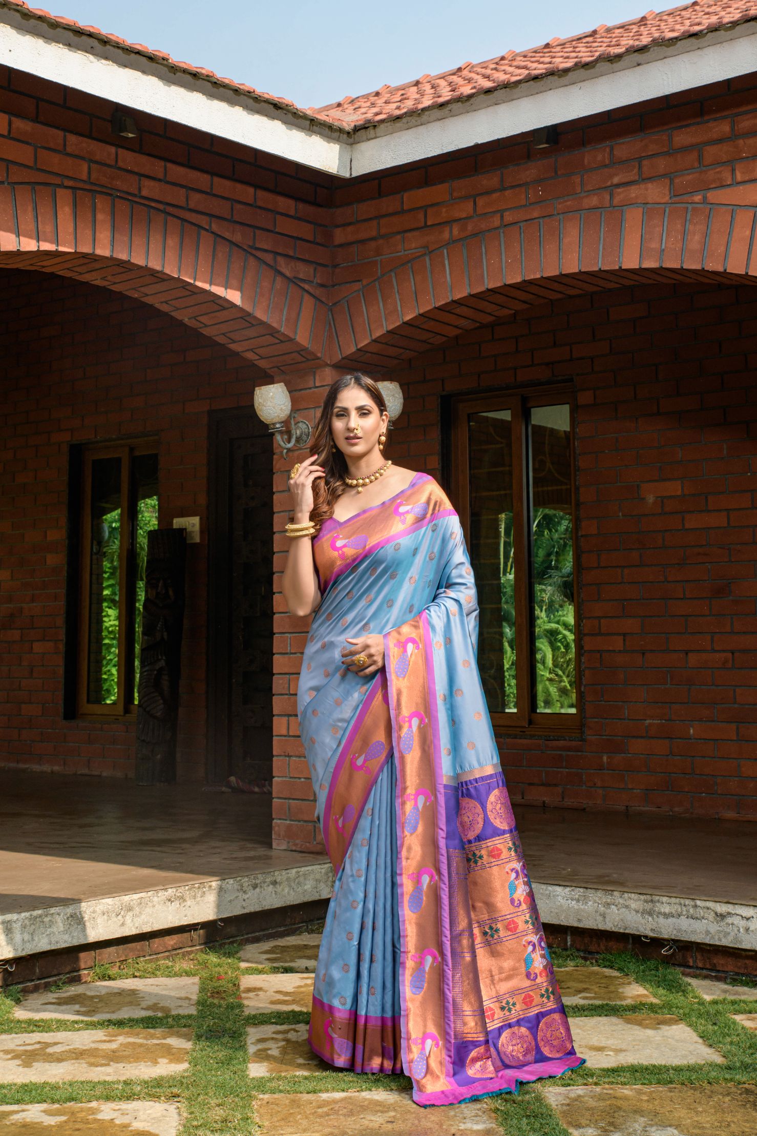 L Grey Toned Embellished Paithani Silk Sarees