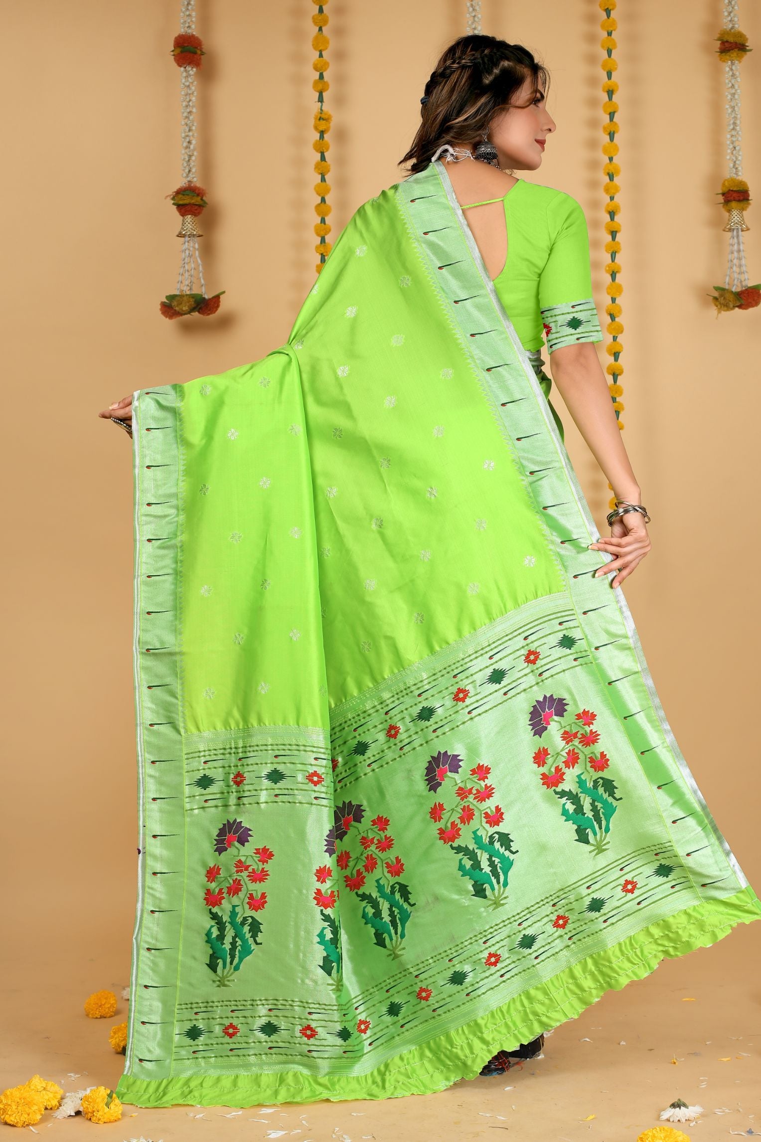 Lemon Green Color Traditional Paithani Silk Sarees