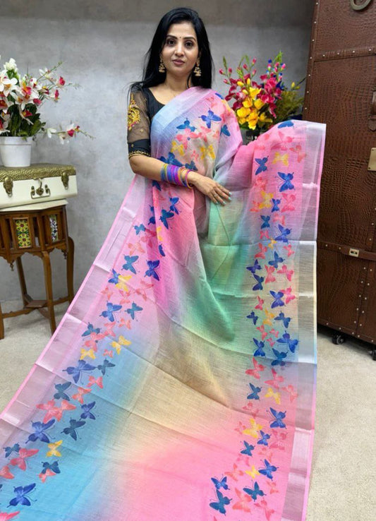 Multi Color Plain Linen Digital Printed Saree With Blouse