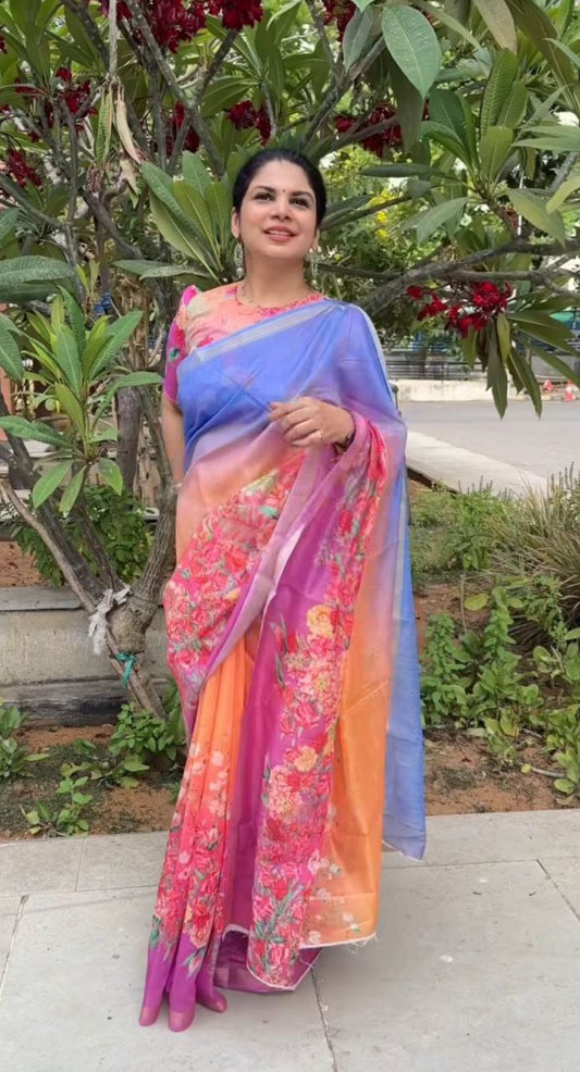 Multi Color Plain Linen Digital Printed Saree With Blouse