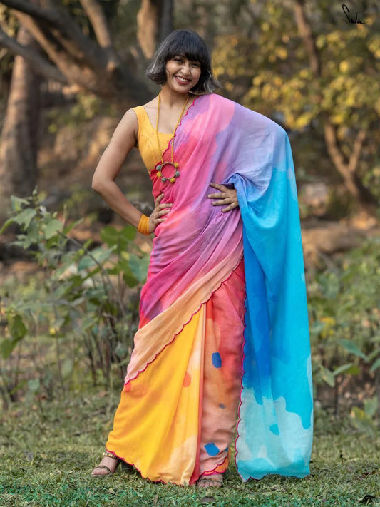 Multi Color Plain Linen Digital Printed Saree With Blouse