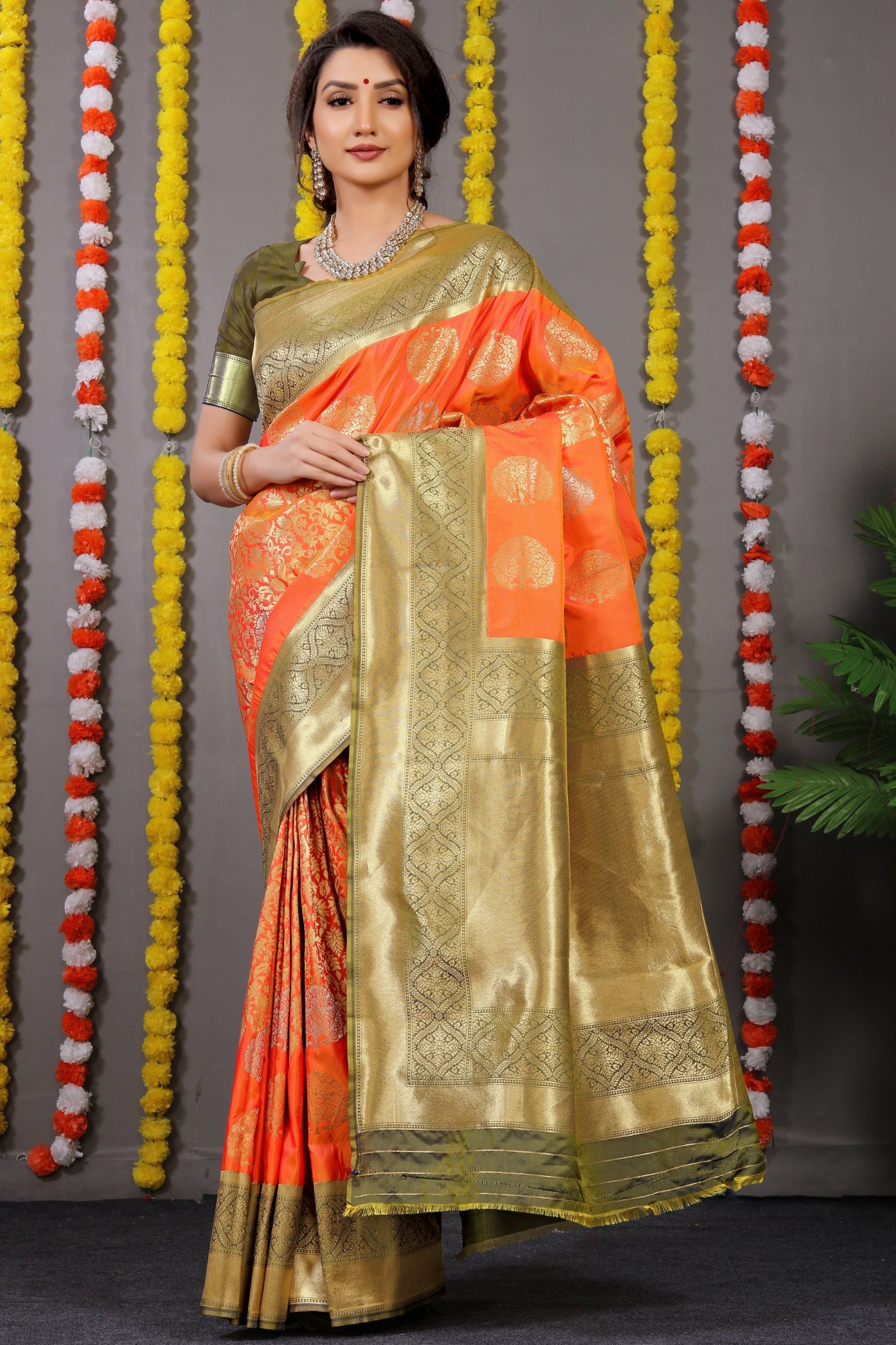 Orenge Color Zari Woven Banarasi Sarees and Designer Weaving Work