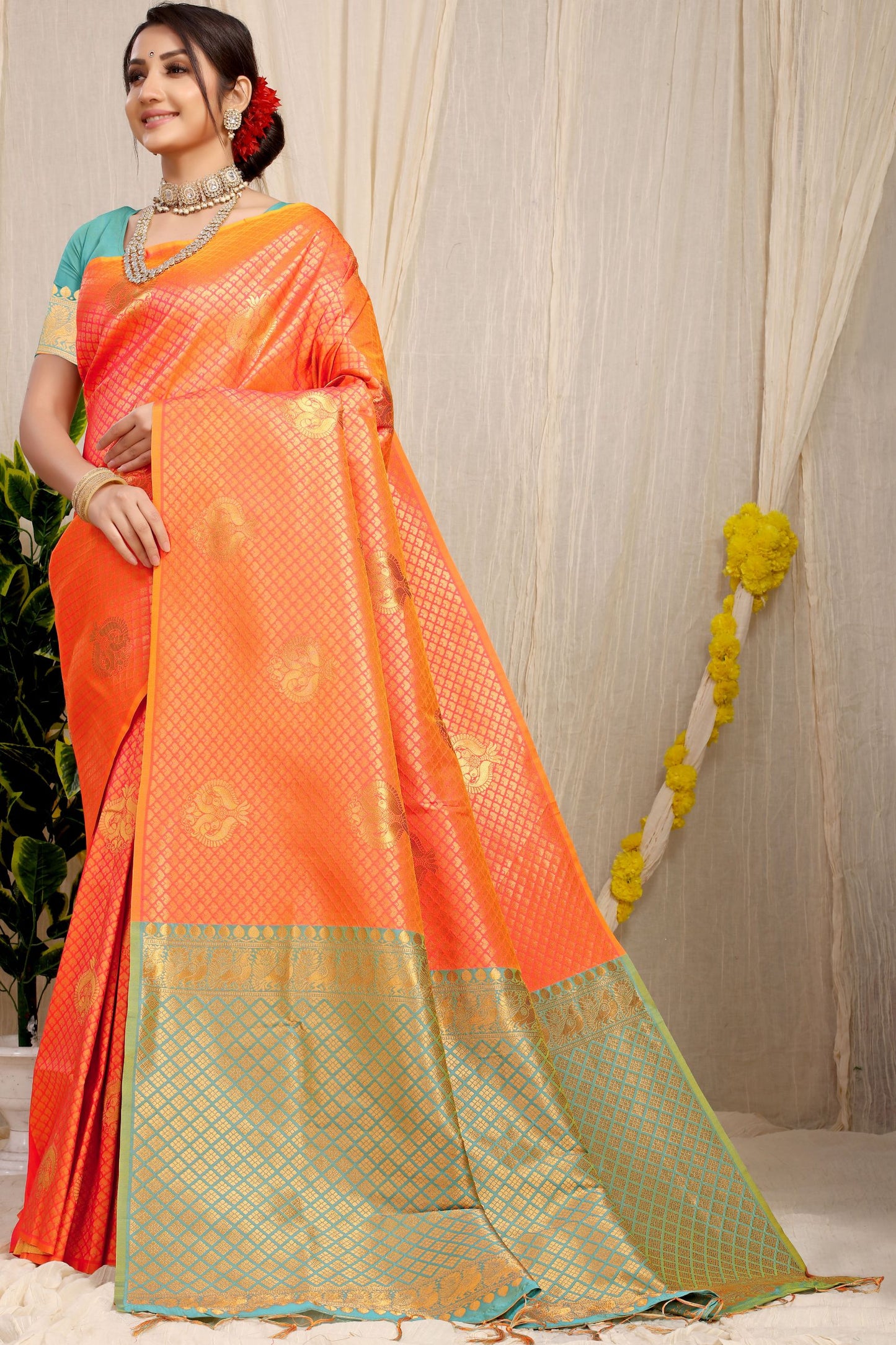 Orange Toned Ethnic Motif New Look Woven Design Zari Kanjeevaram Saree