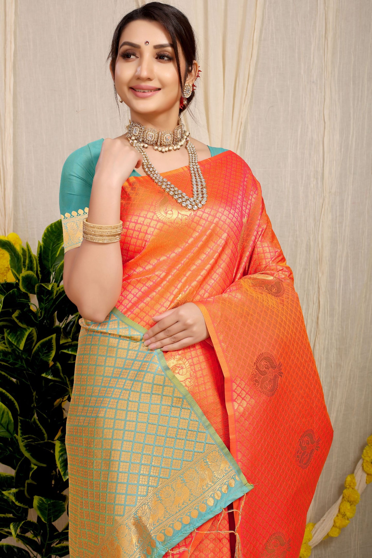 Orange Toned Ethnic Motif New Look Woven Design Zari Kanjeevaram Saree