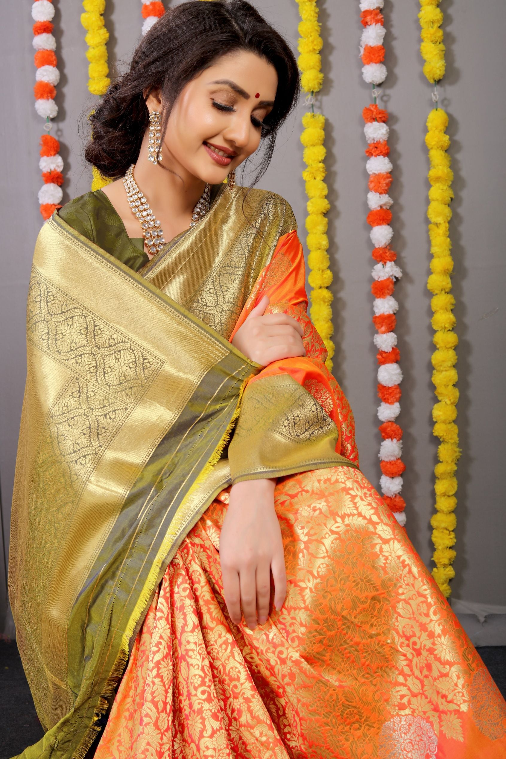 Orenge Color Zari Woven Banarasi Sarees and Designer Weaving Work