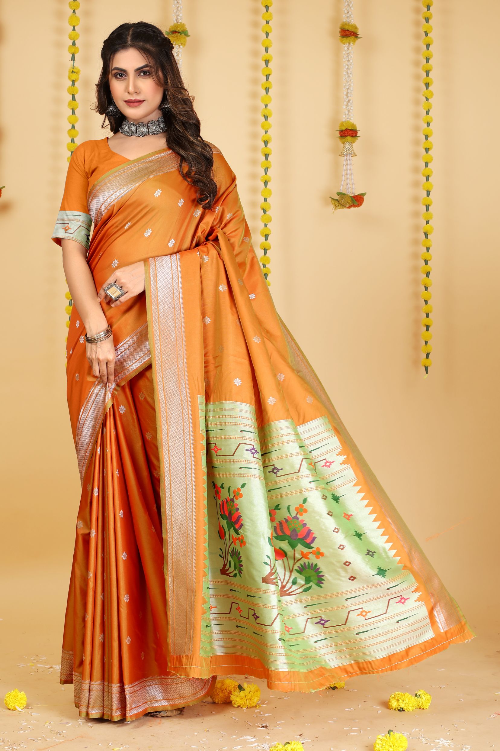 Orange Color Embellished Paithani Silk Sarees