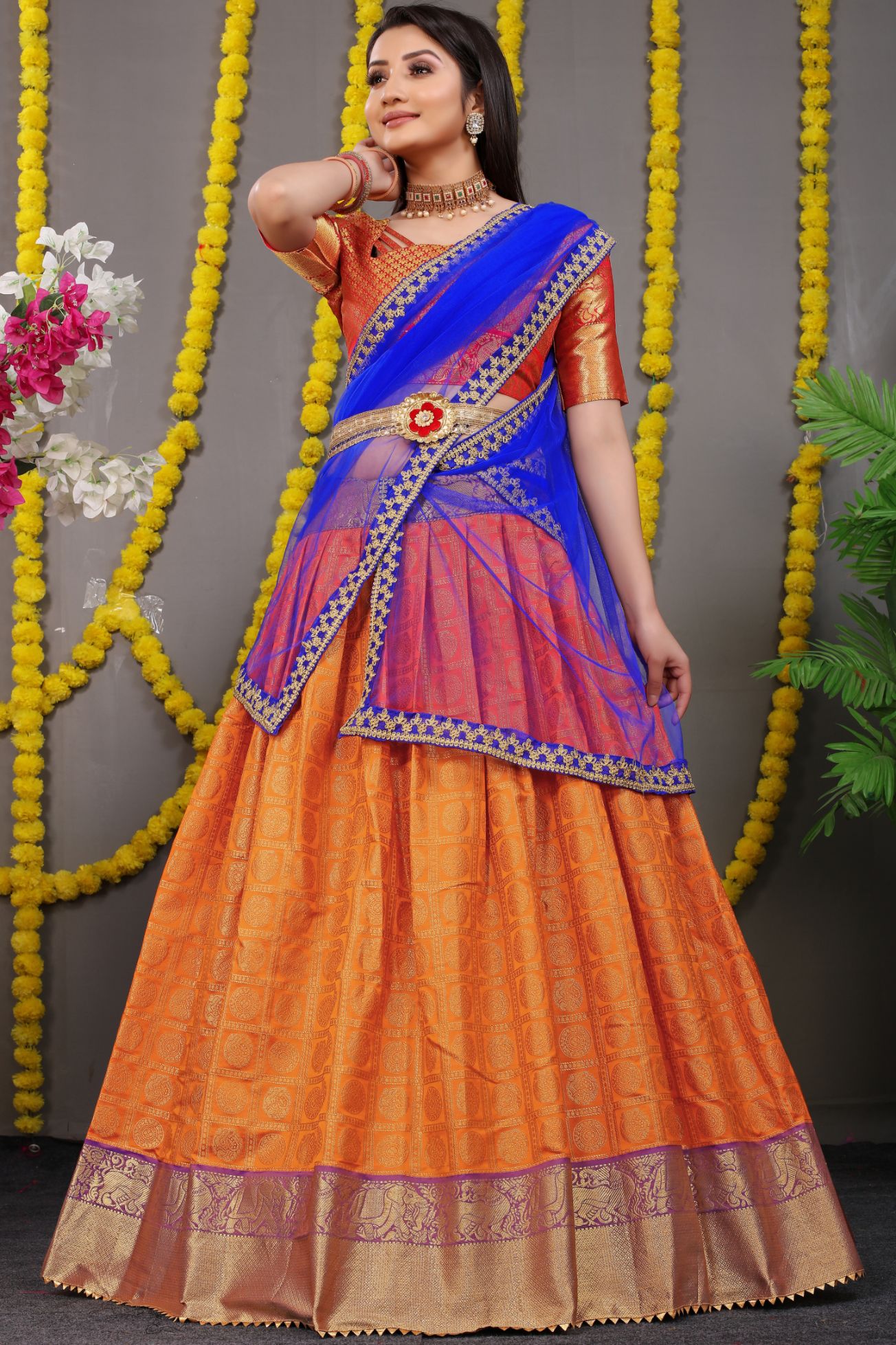 Orange Color Pure silk zari weaving Lahengha Choli in South Indian Style
