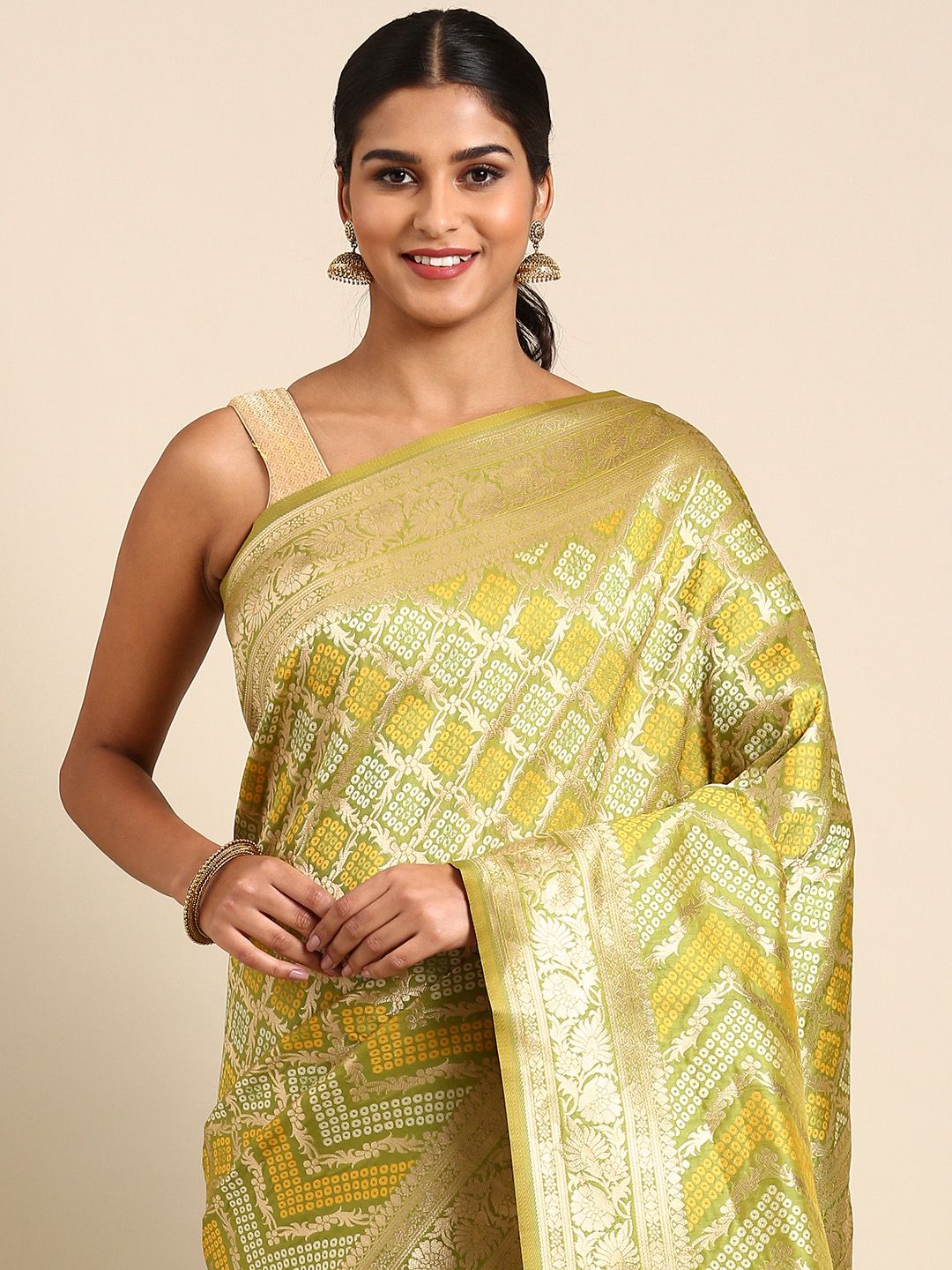 Pista Green Toned Pure Bandhani Silk Saree With Meenakri Work and Designer Pallu and Blouse