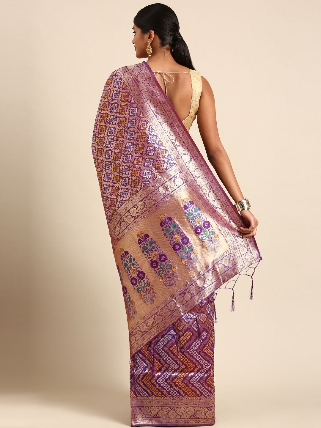 Purple Toned Pure Bandhani Silk Saree With Meenakri Work And Designer Pallu And Blouse