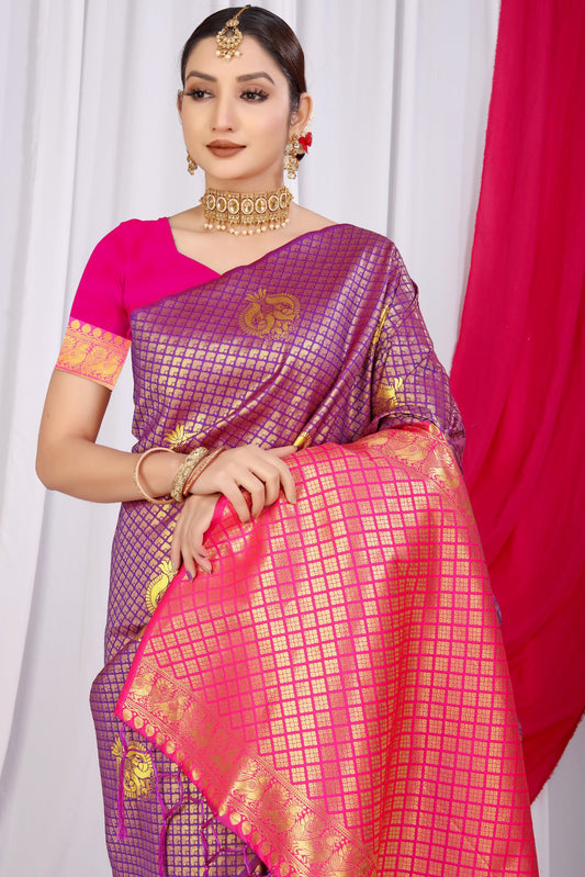Purple Toned Ethnic Motif New Look Woven Design Zari Kanjeevaram Saree