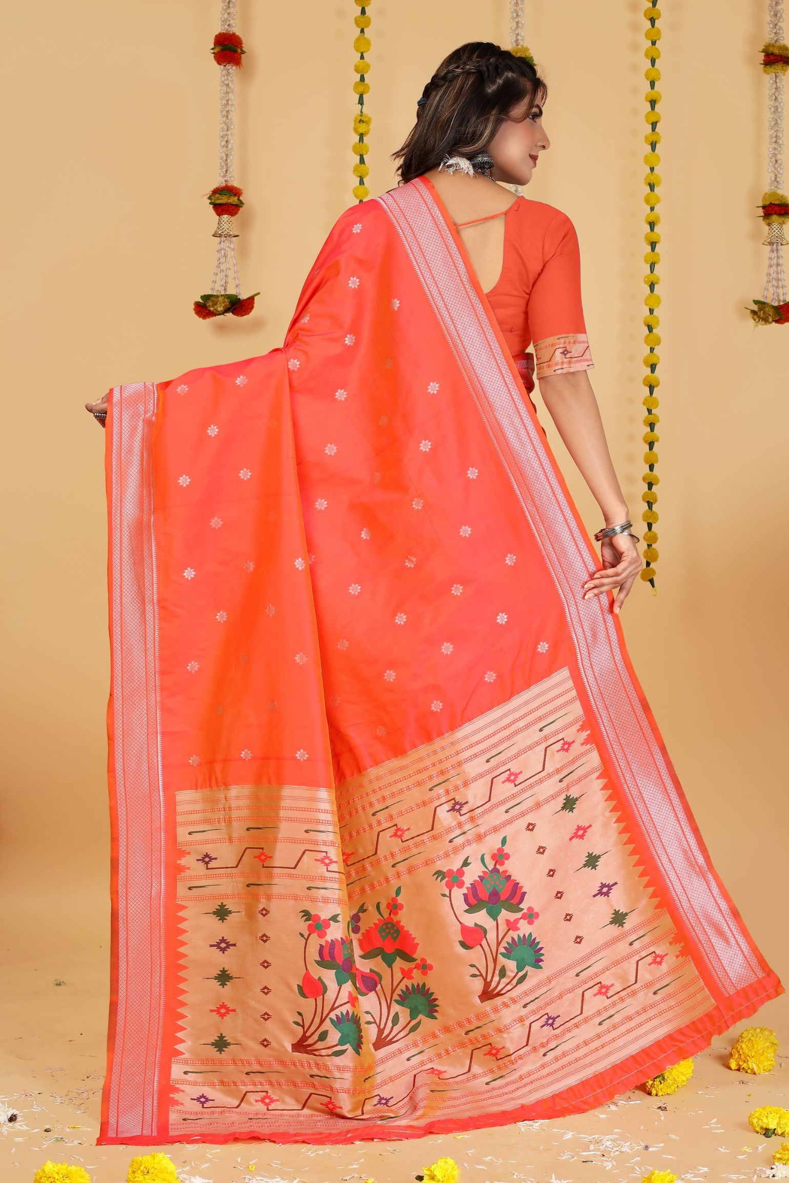 Peach Color Embellished Paithani Silk Sarees