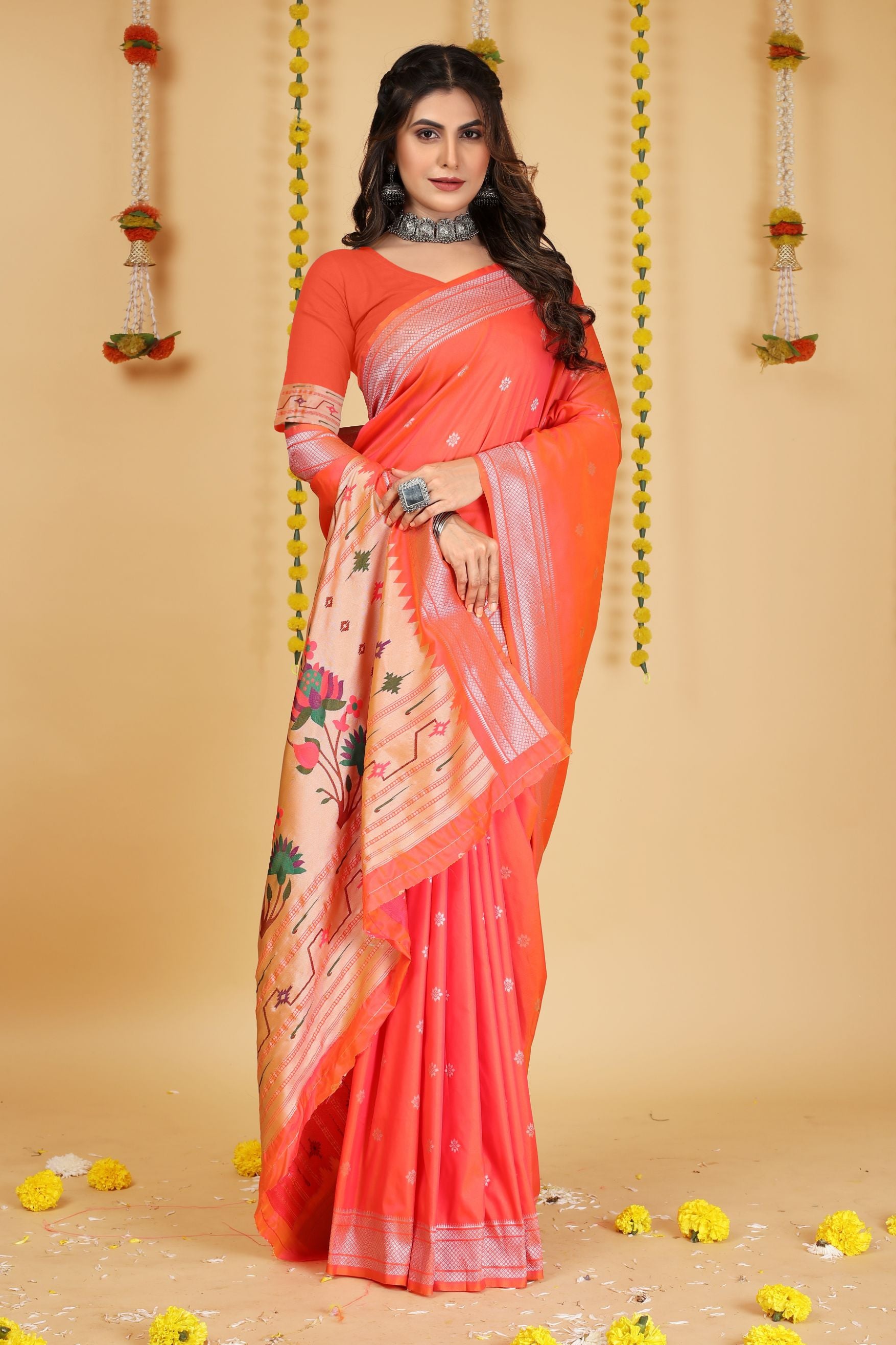 Peach Color Embellished Paithani Silk Sarees