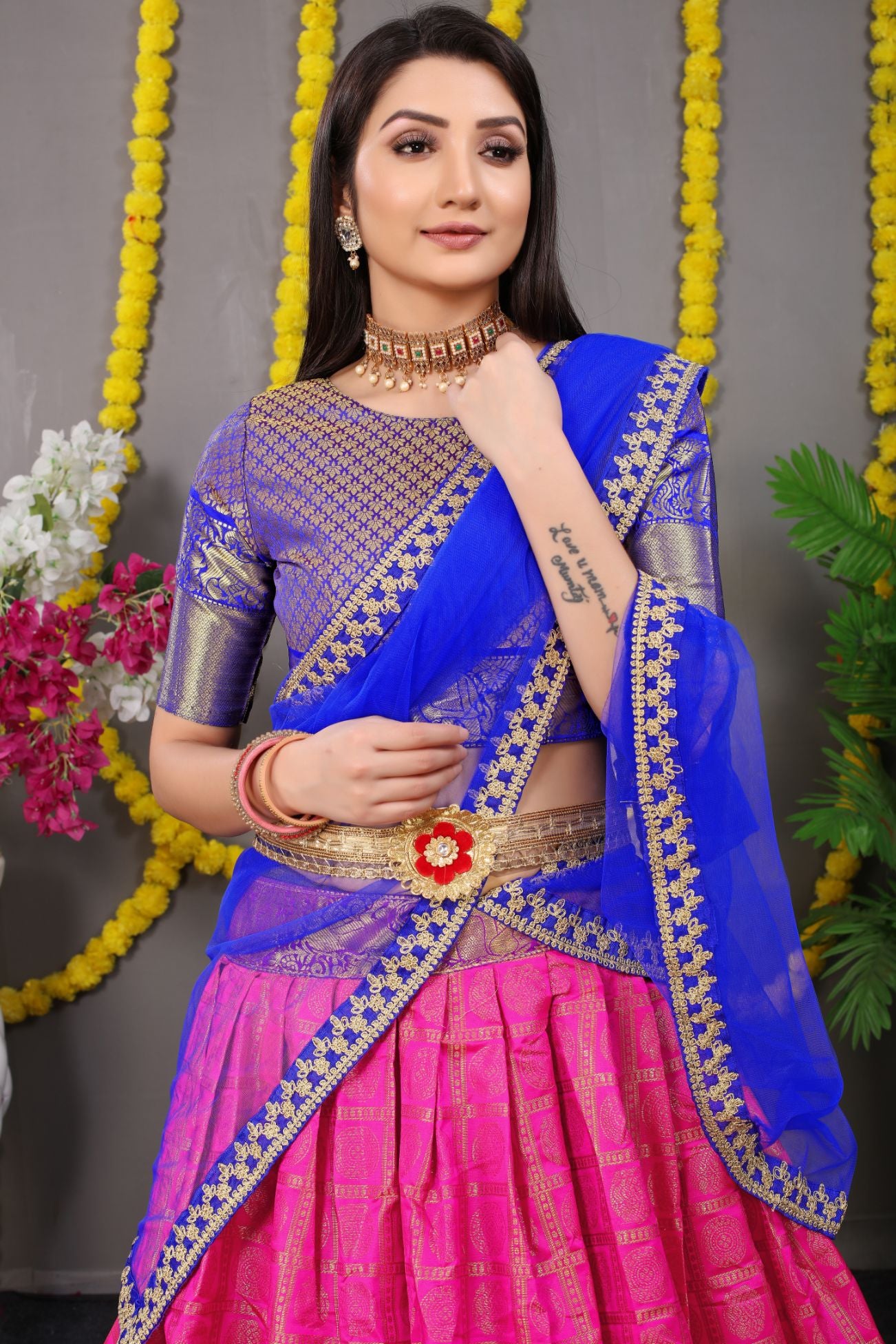 Pink Color Pure silk zari weaving Lahengha Choli in South Indian Style