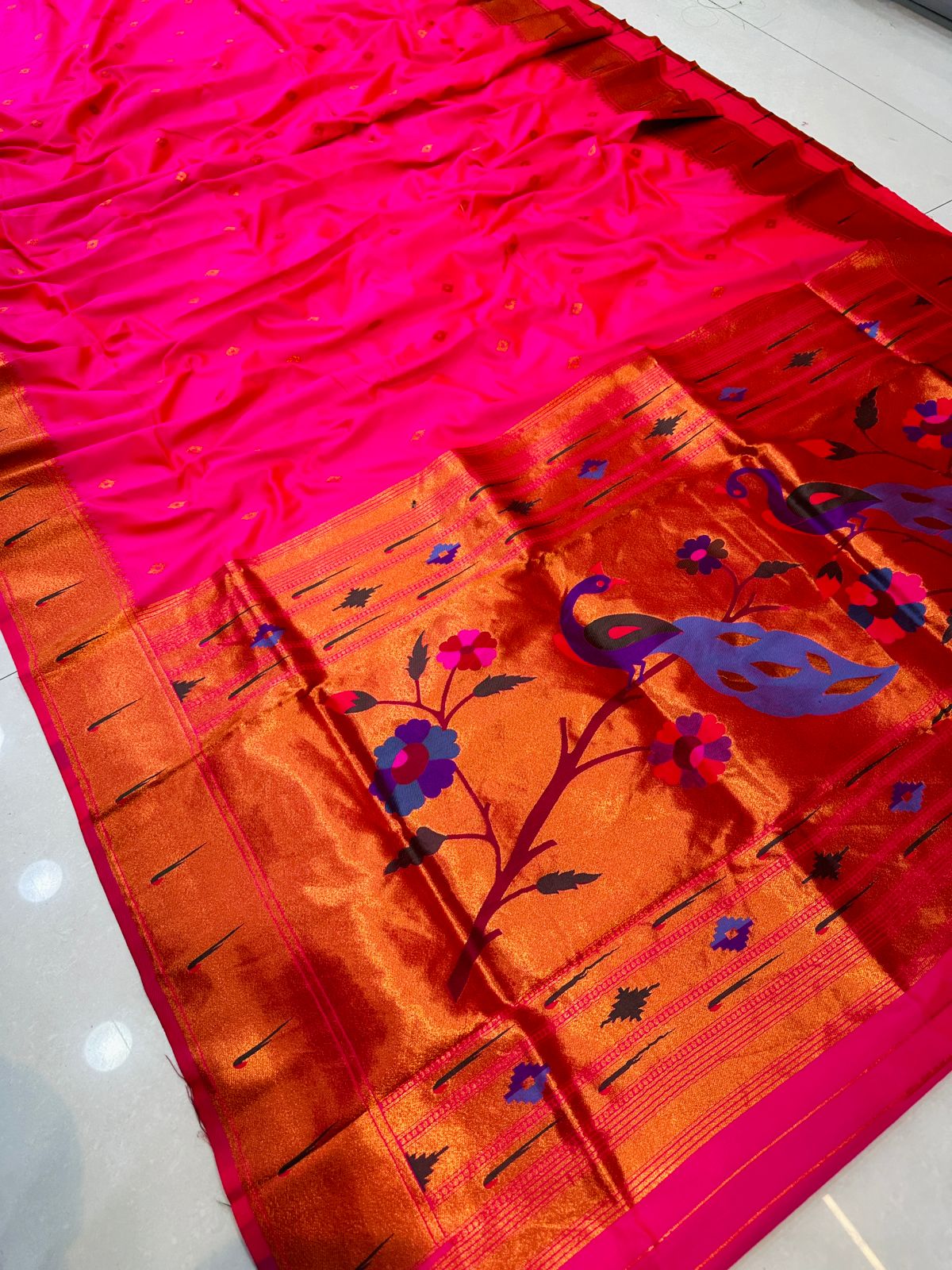 Pink Color Pure Paithani Silk Saree With Meenakari Weaving Work and Pallu