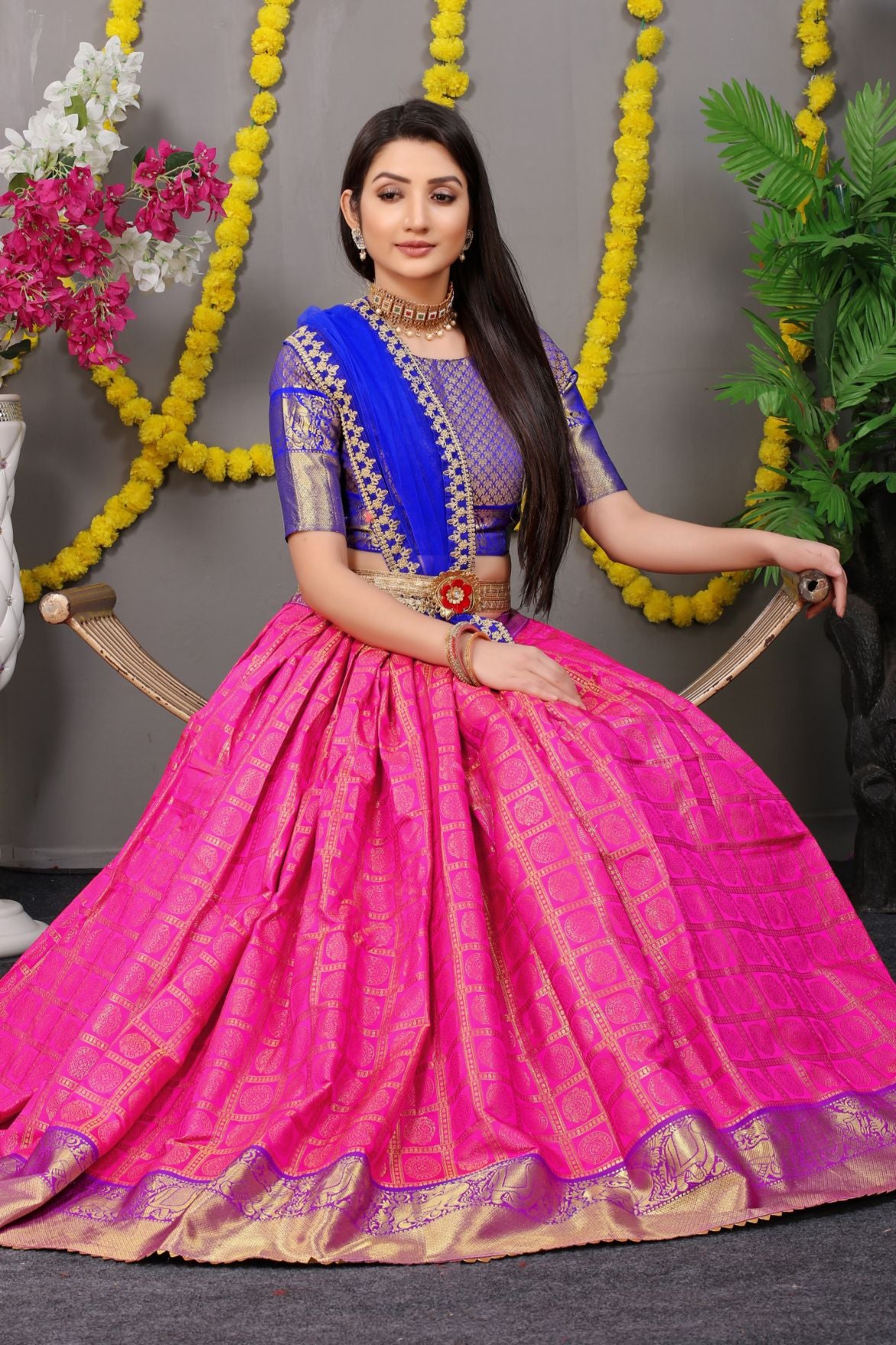 Pink Color Pure silk zari weaving Lahengha Choli in South Indian Style