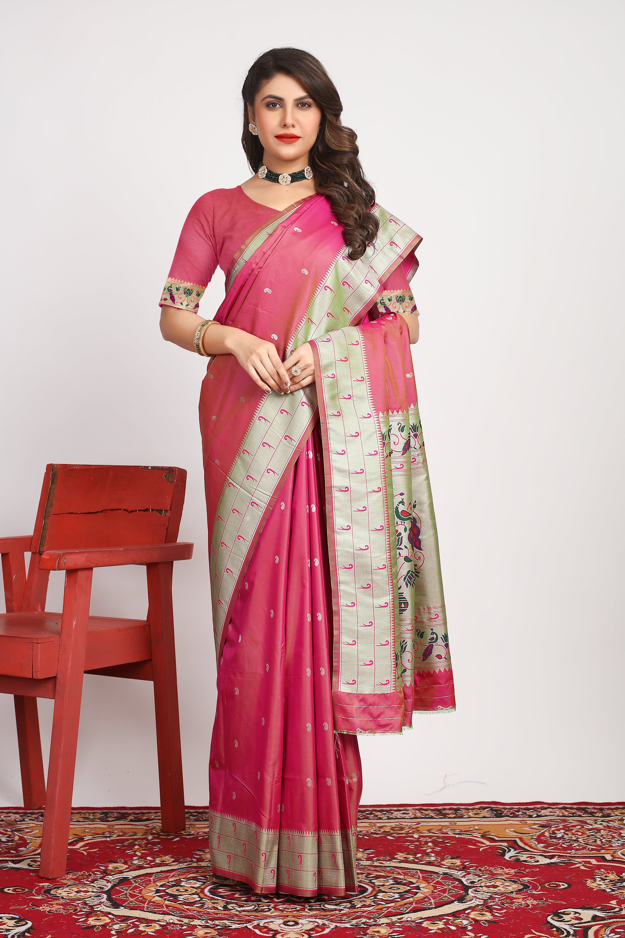 Pink Color Embellished Paithani Silk Sarees