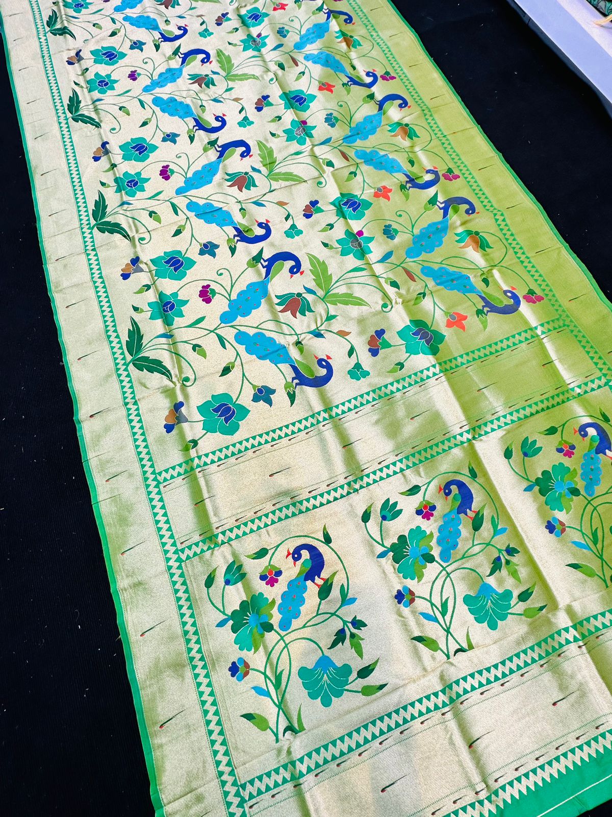 Pista Green Toned Bridal Pure Paithani Silk Sarees and meenakari work Design