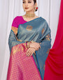 Steel Rama Toned Ethnic Motif New Look Woven Design Zari Kanjeevaram Saree