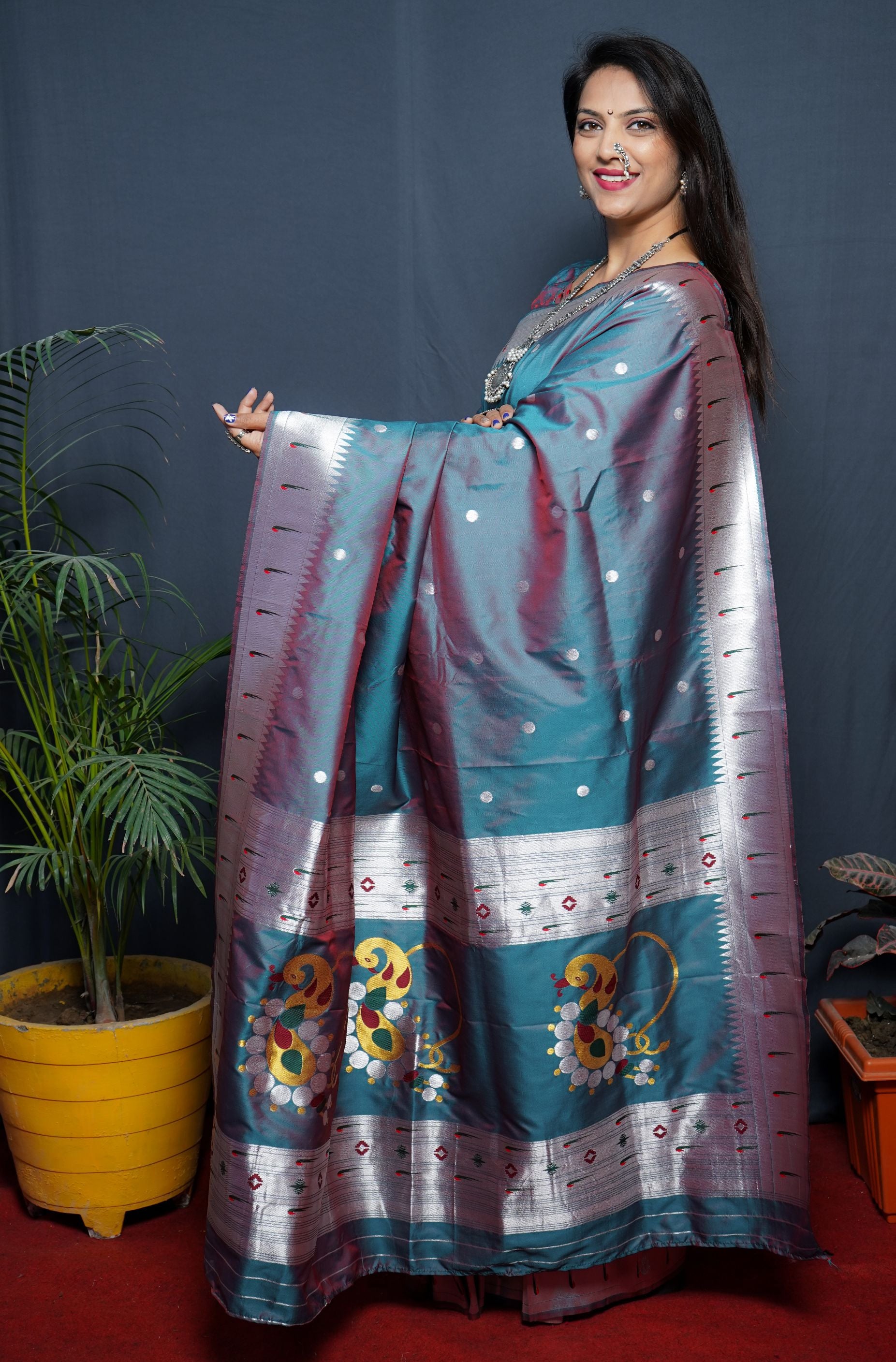 Steel rama color pure paithani silk saree with muniya bodar and beautiful Silver and meenakari nath pallu and blouse pis