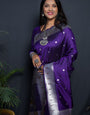 Purple color pure paithani silk saree with muniya bodar and beautiful Silver and meenakari nath pallu and blouse pis