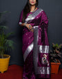 Wine color pure paithani silk saree with muniya bodar and beautiful Silver and meenakari nath pallu and blouse pis