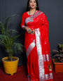 Red color pure paithani silk saree with muniya bodar and beautiful Silver and meenakari nath pallu and blouse pis