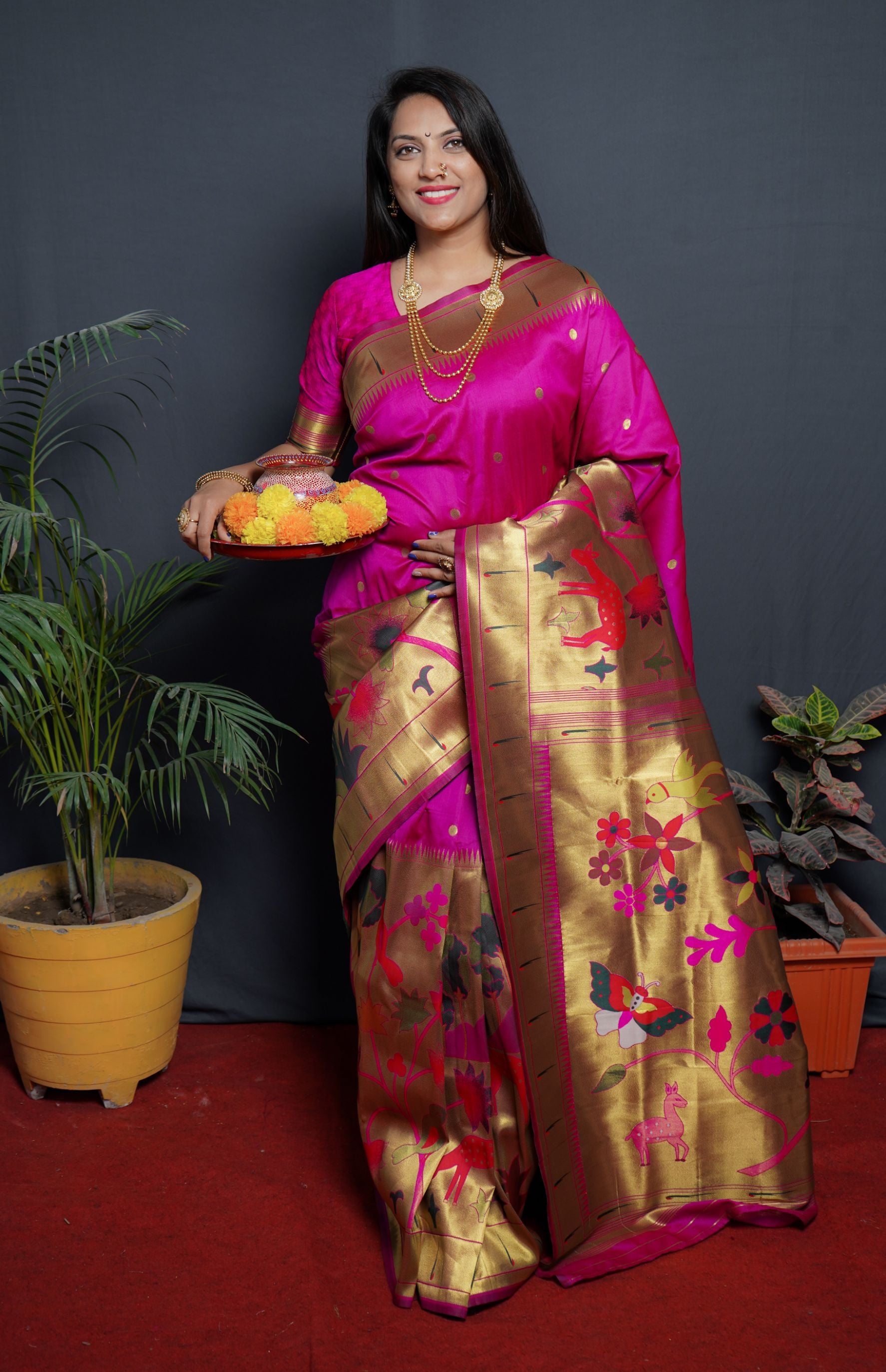 Pink Woven Design Zari Paithani Sarees