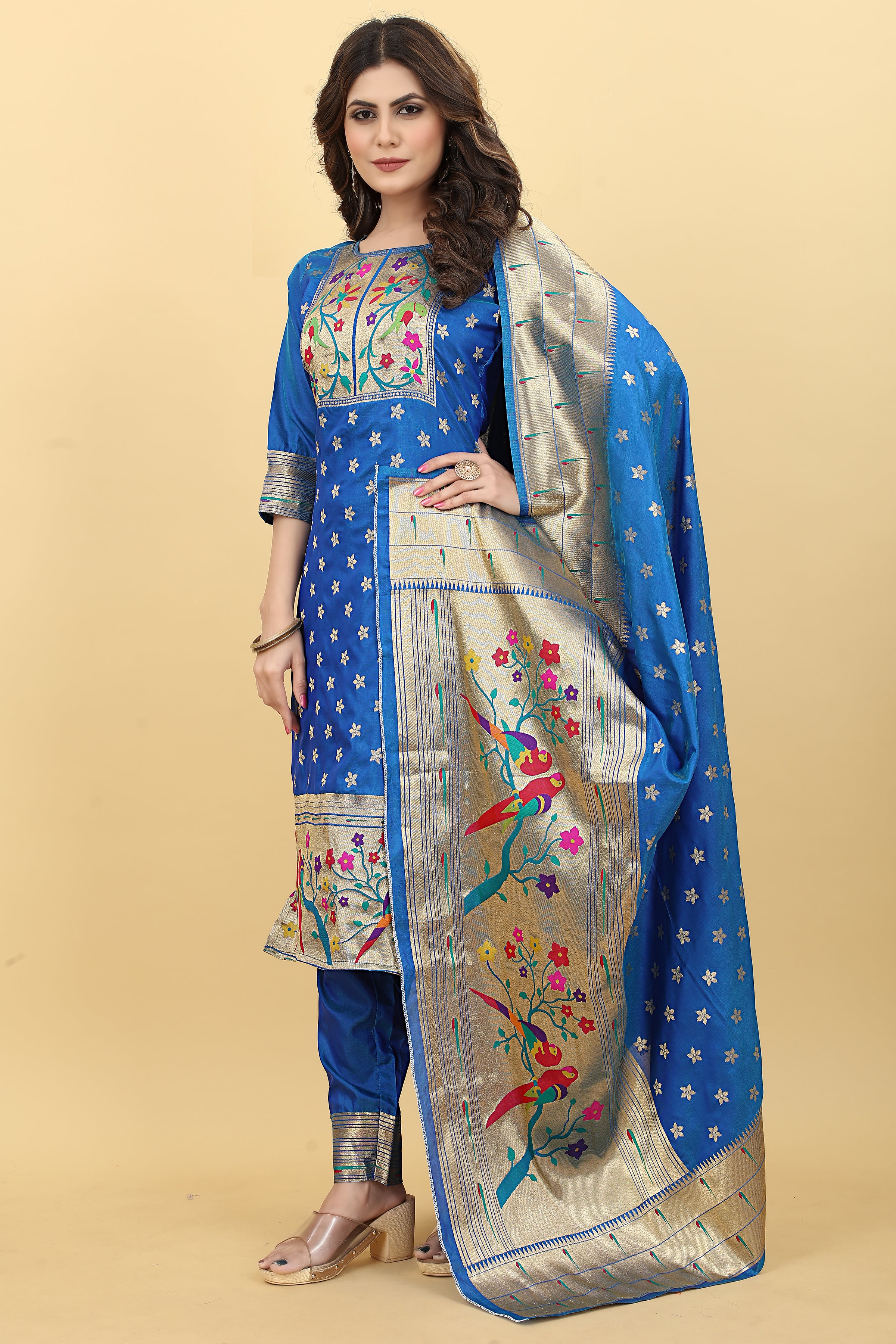 Royal Blue Color latest fashion suits in india suits in Paithani Style