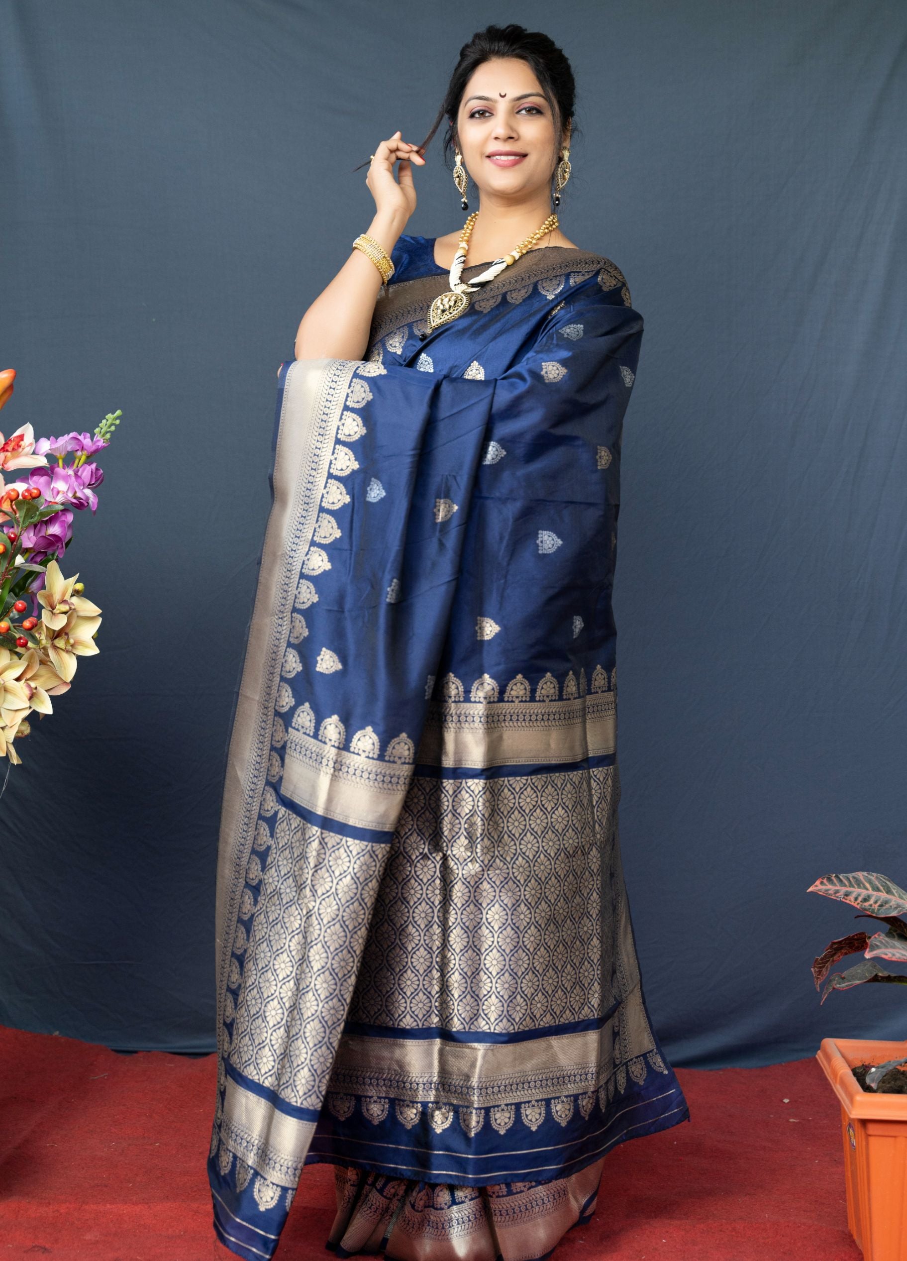 Navy blue color party wear banarasi silk saree