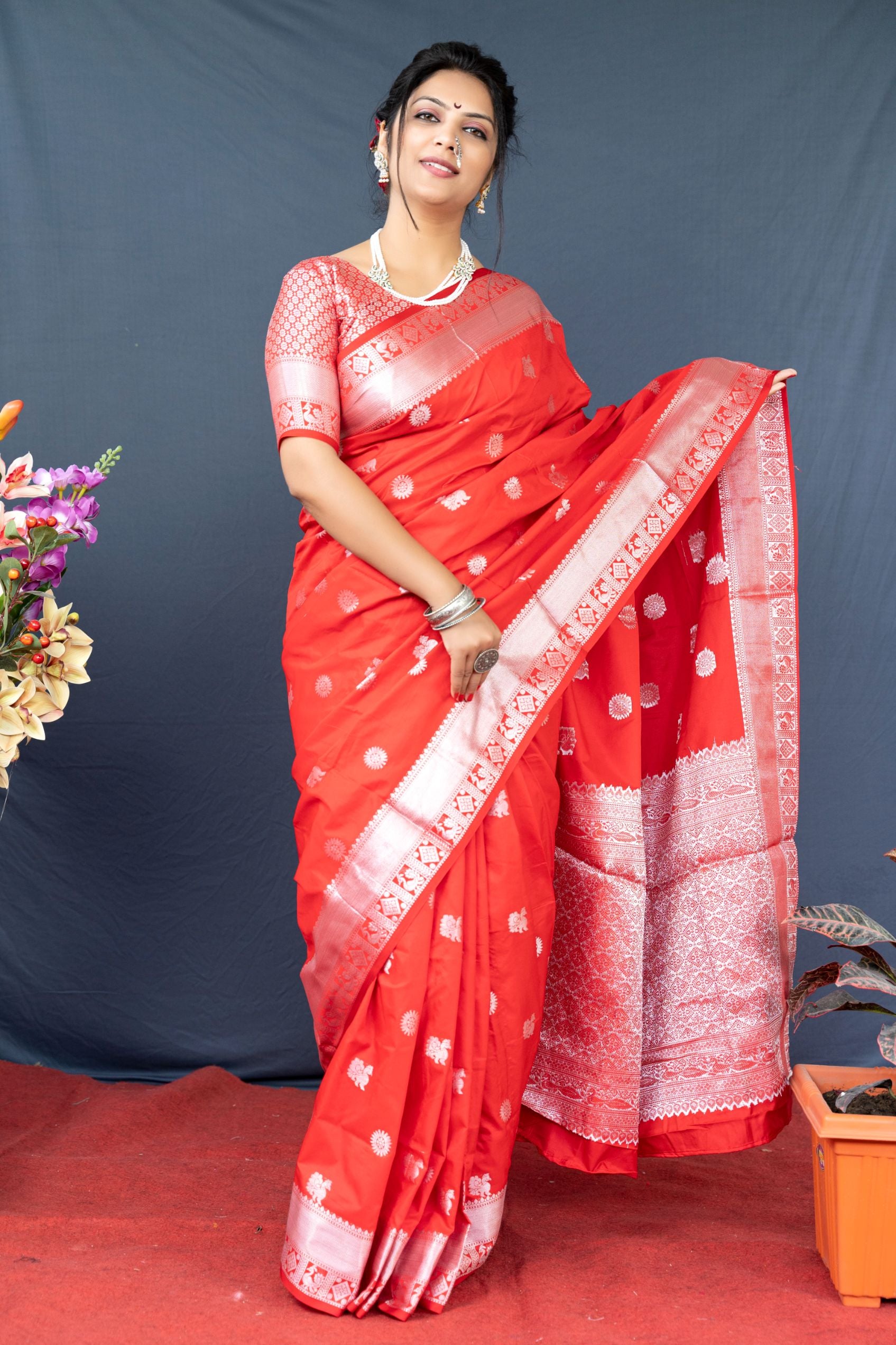 Red Mulmul Silver Stripes saree