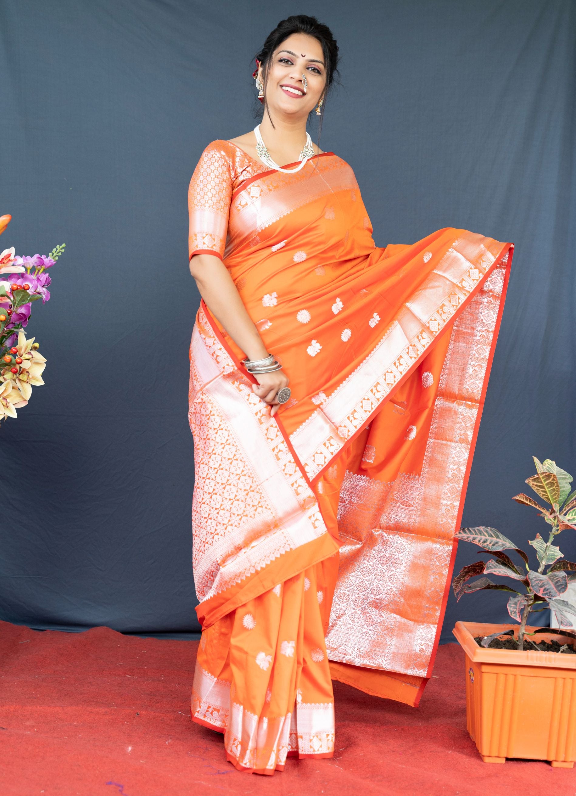 Orange & Silver Toned Ethnic Motifs Zari Pure Silk Kanjeevaram Saree