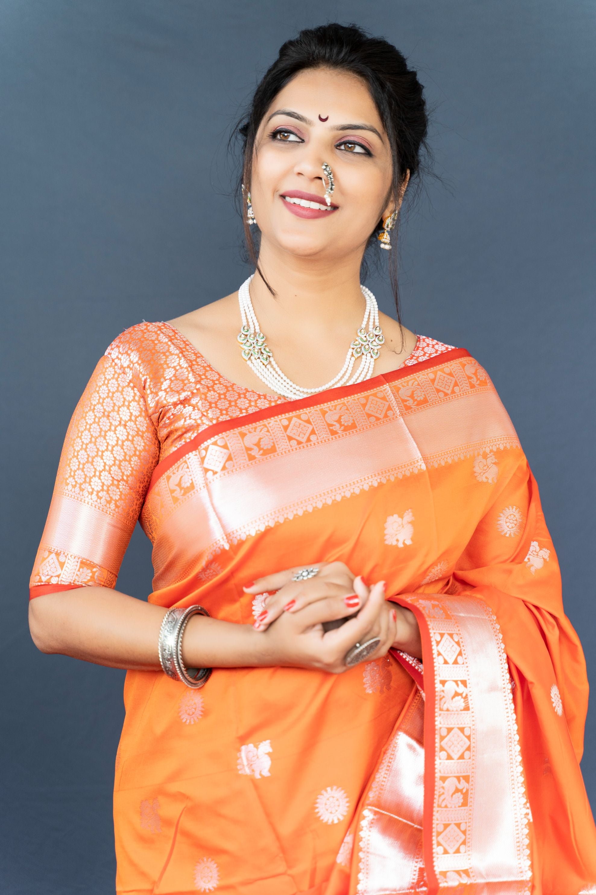 Orange & Silver Toned Ethnic Motifs Zari Pure Silk Kanjeevaram Saree