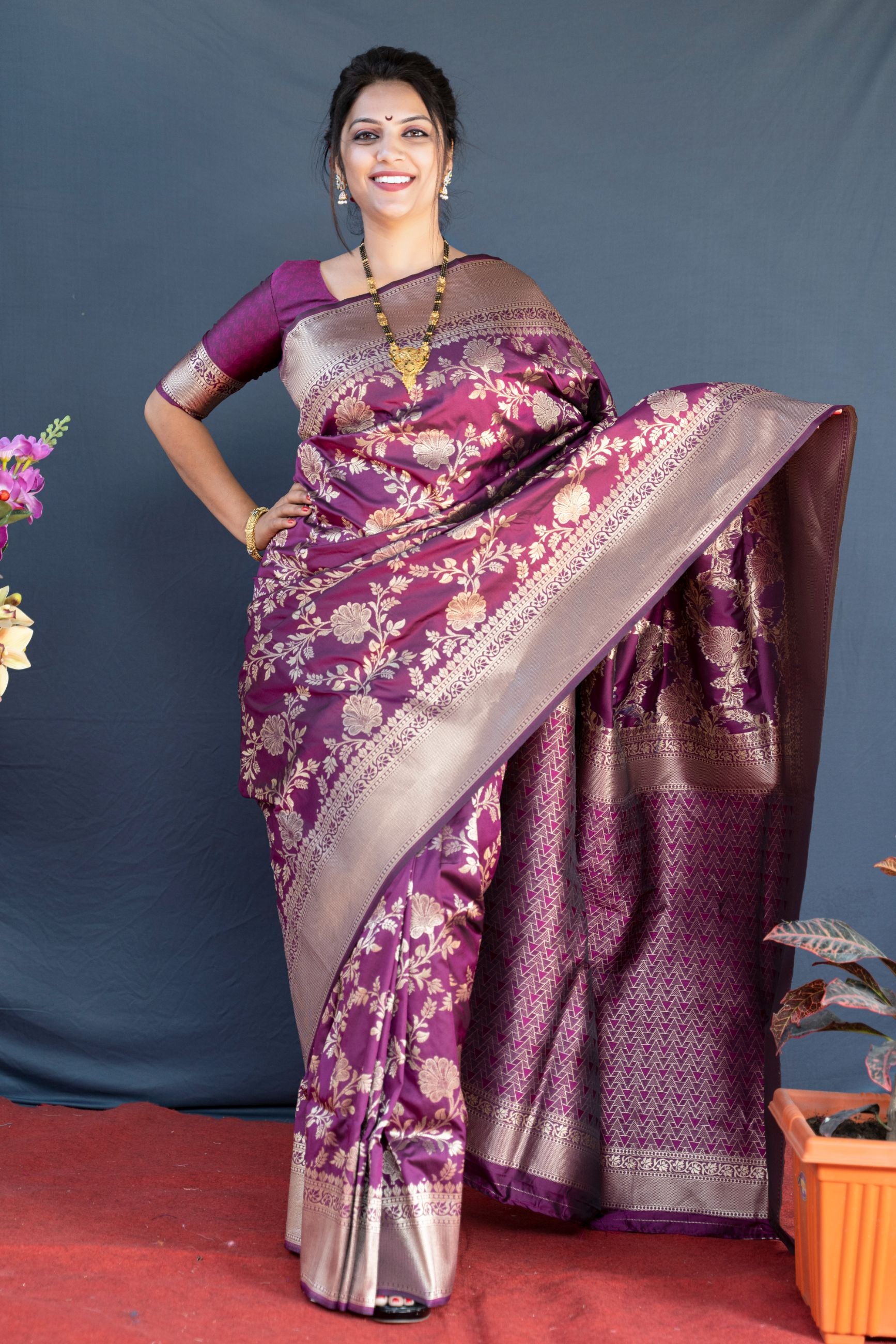 Wine color havy look banarasi silk saree with weaving zari work and rich pallu