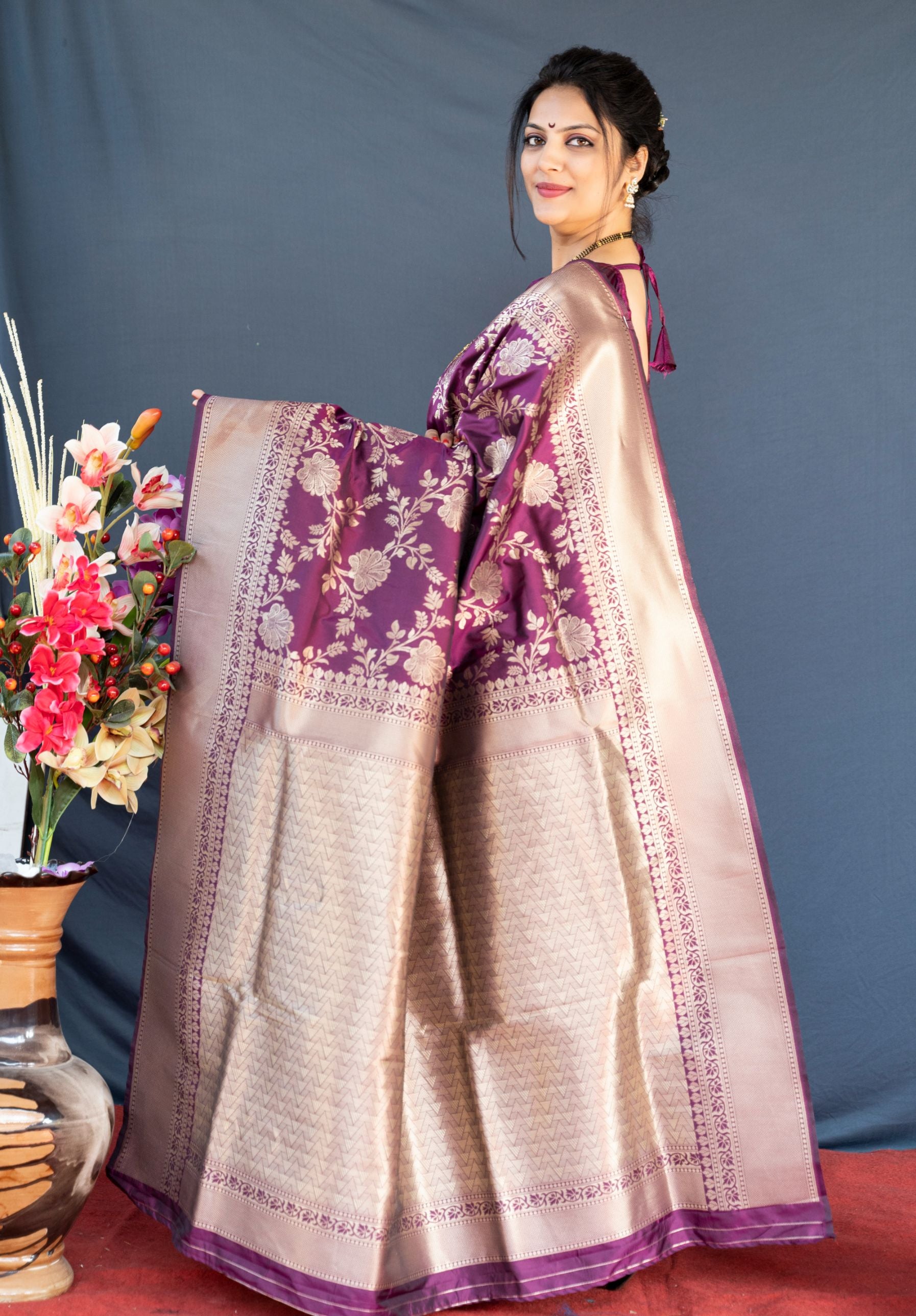 Wine color havy look banarasi silk saree with weaving zari work and rich pallu