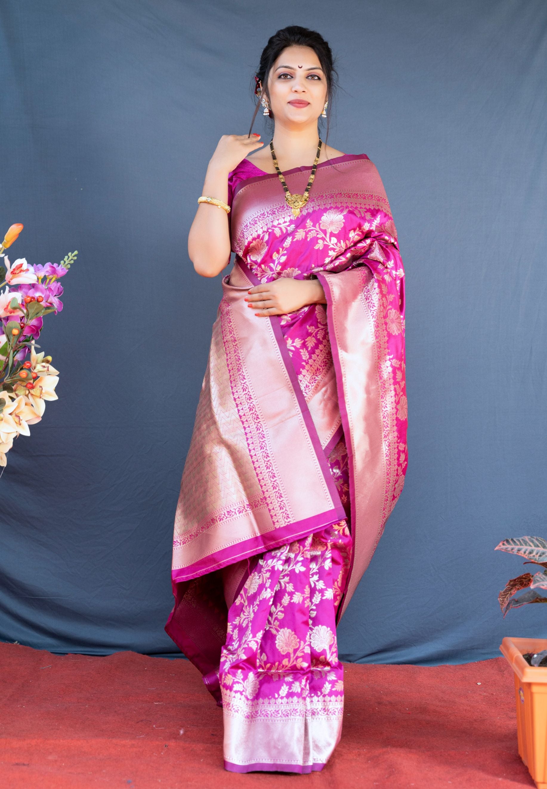 Pink color havy look banarasi silk saree with weaving zari work and rich pallu