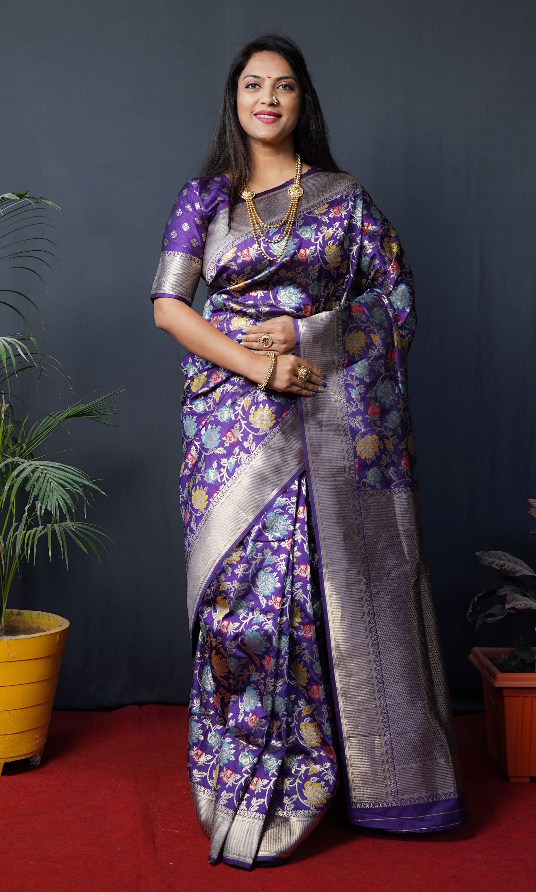 Purple Color Beautiful Meenakari Work Designer Banarasi Silk Saree and Blouse Pis