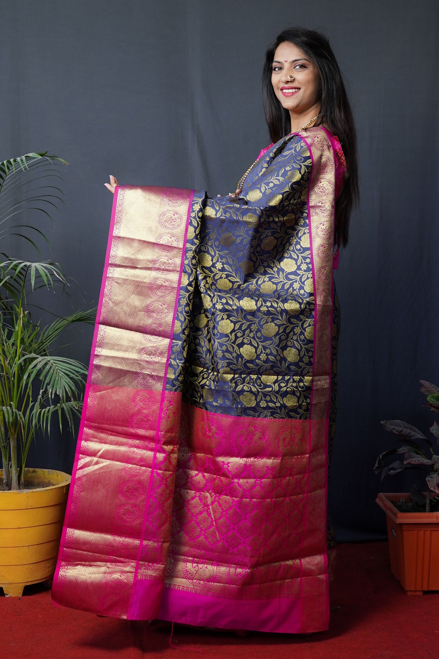 Navy Blue Color South Pattu Kanchipuram Silk Gold Zari Weaving Work Saree With Contrast Bodar And Pallu