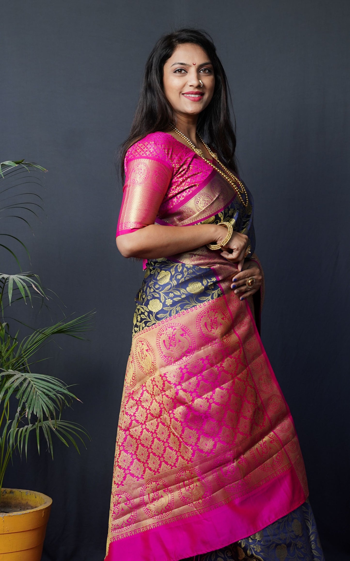 Navy Blue Color South Pattu Kanchipuram Silk Gold Zari Weaving Work Saree With Contrast Bodar And Pallu