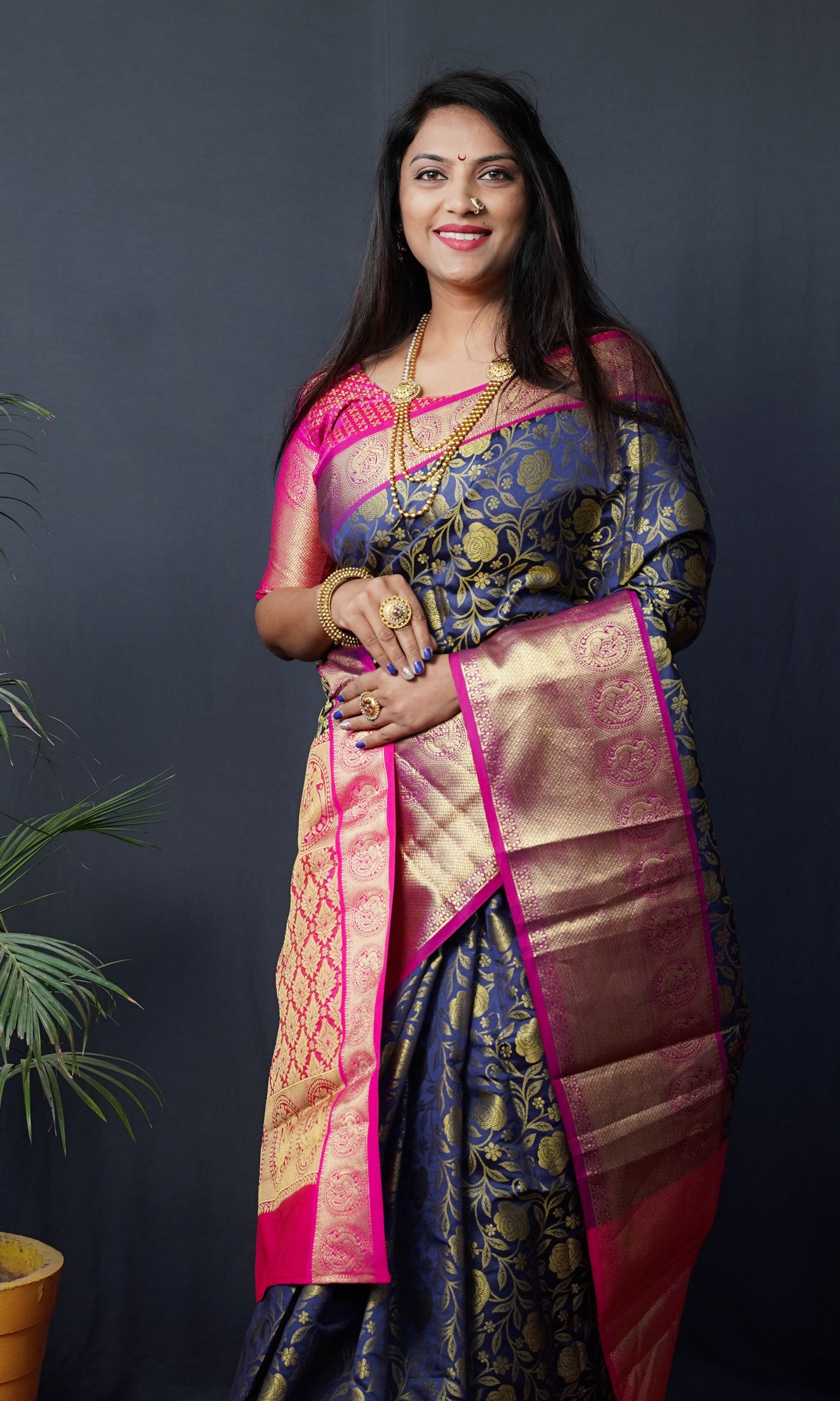 Navy Blue Color South Pattu Kanchipuram Silk Gold Zari Weaving Work Saree With Contrast Bodar And Pallu