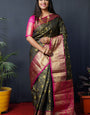 Black color south pattu kanchipuram silk gold zari weaving work saree with contrast bodar and pallu