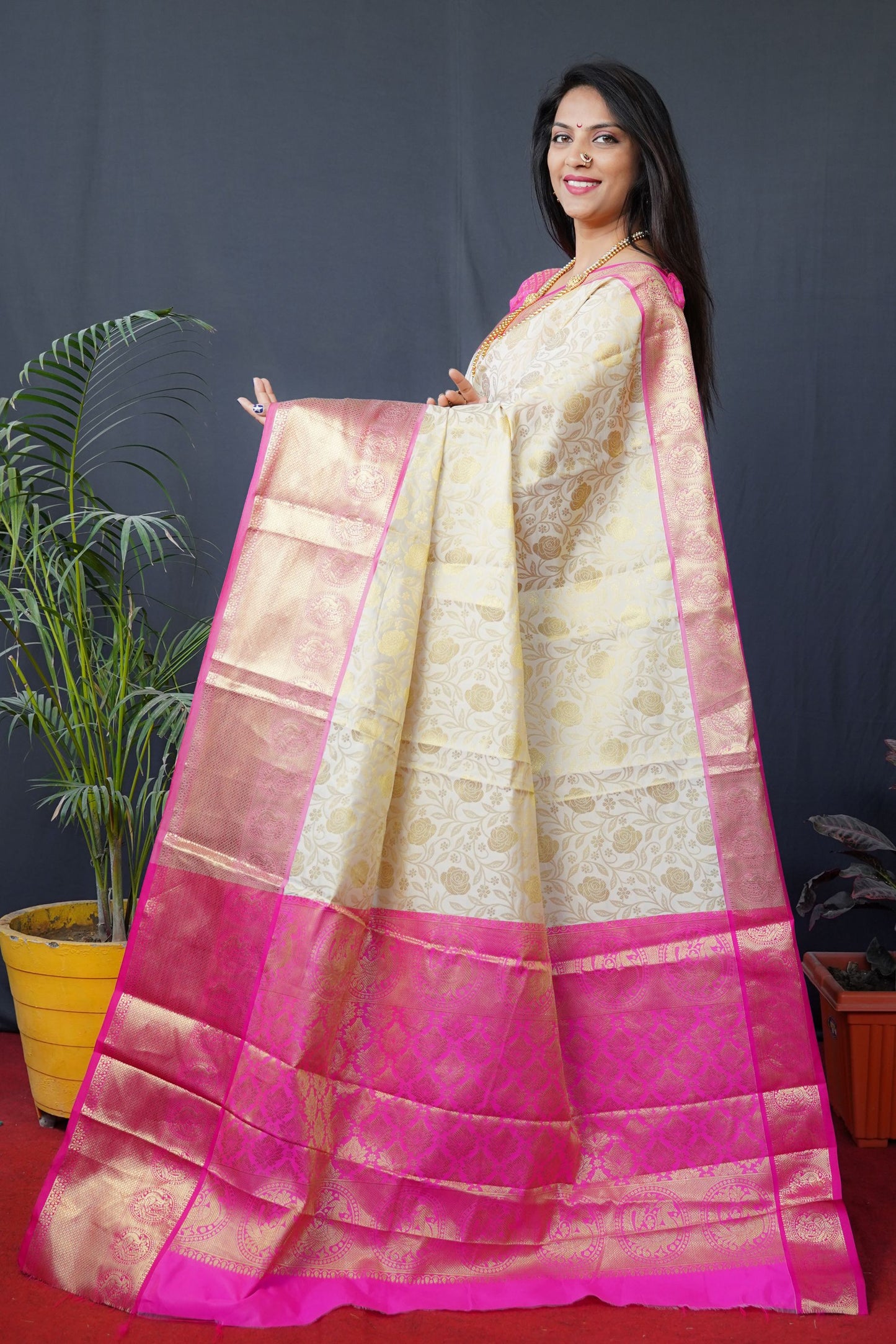 White Color South Pattu Kanchipuram Silk Gold Zari Weaving Work Saree With Contrast Bodar And Pallu