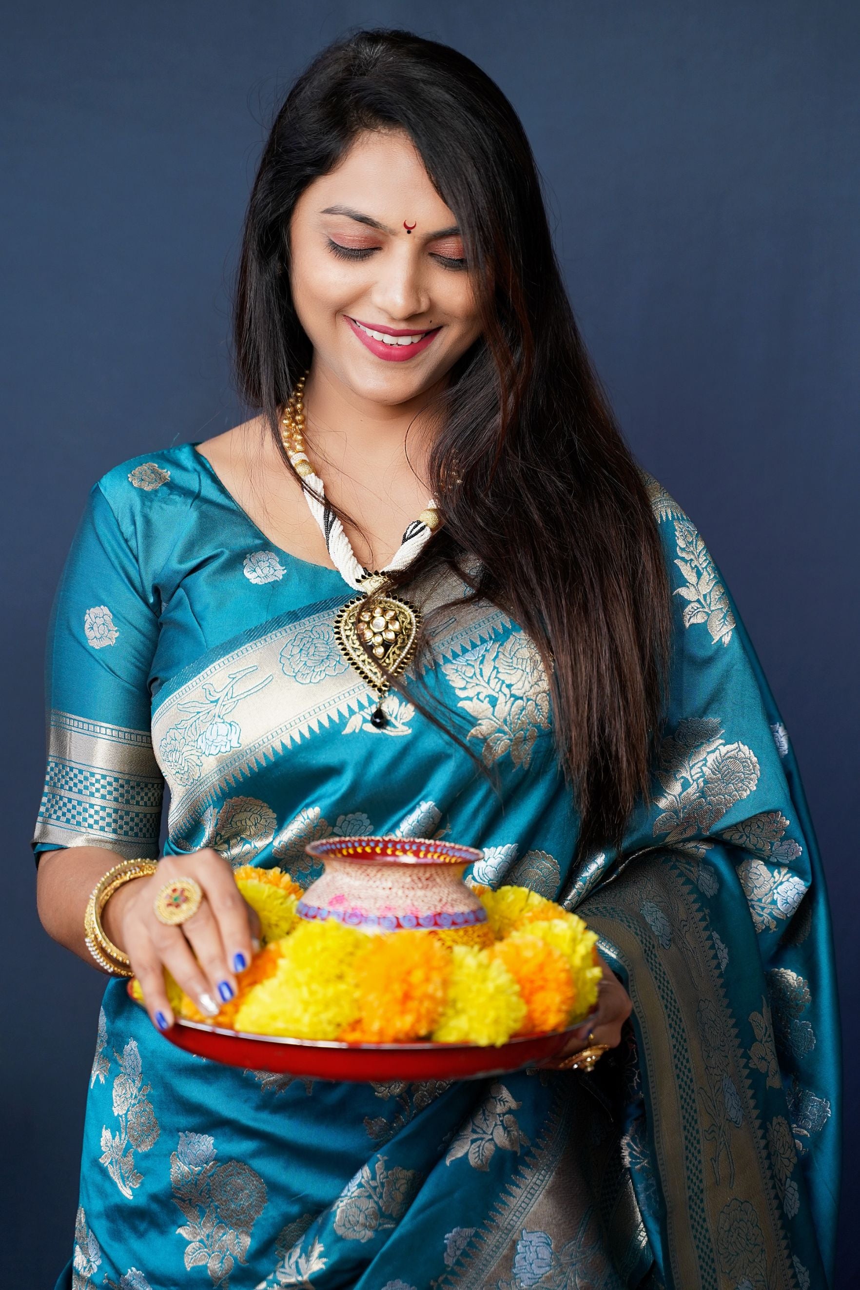 Rama Color Designer Banarasi silk saree with Silver and Gold zari weaving and Blouse pis