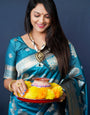 Rama Color Designer Banarasi silk saree with Silver and Gold zari weaving and Blouse pis