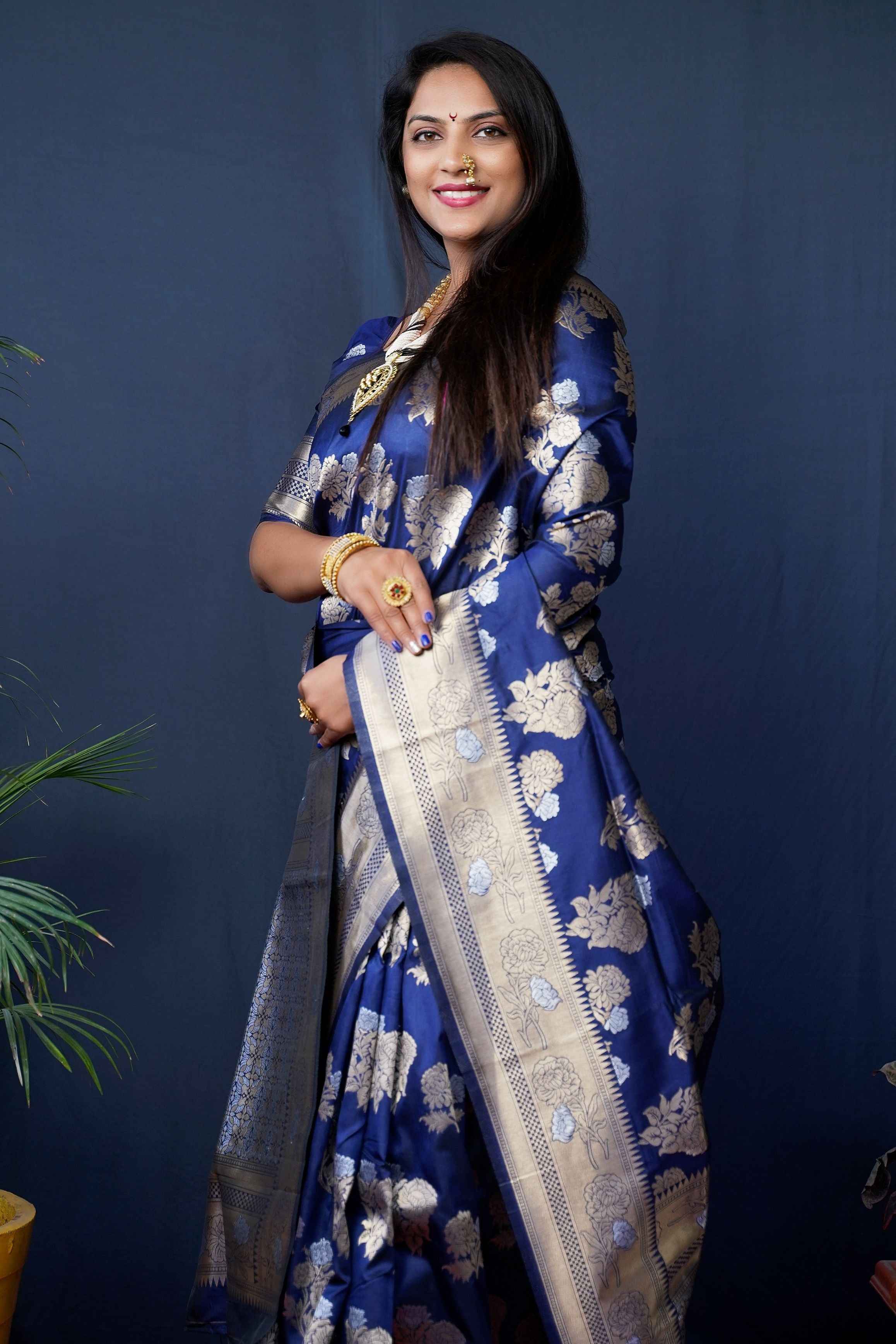 Navy blue Color Designer Banarasi silk saree with Silver and Gold zari weaving and Blouse pis
