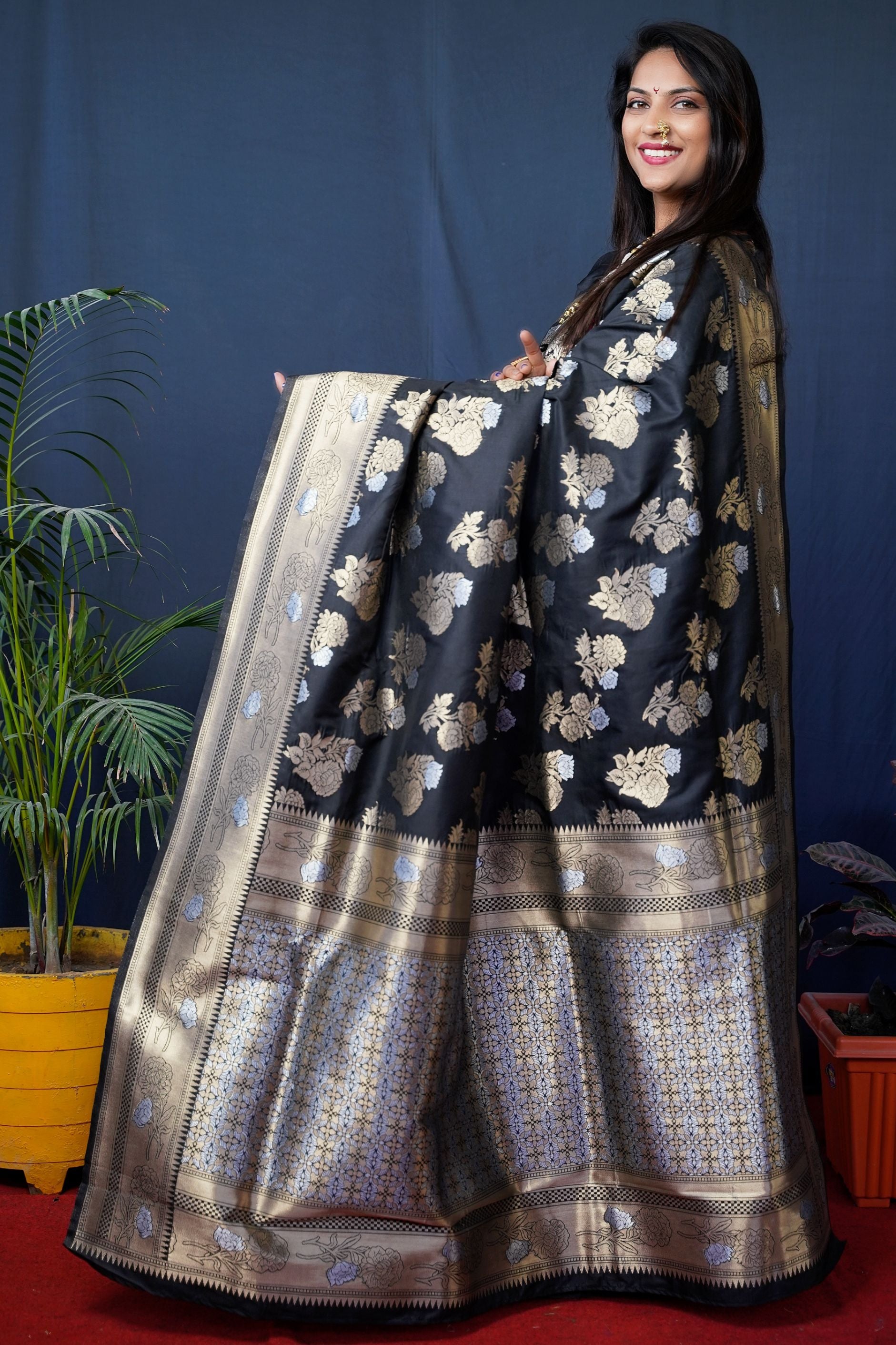 Black Color Designer Banarasi silk saree with Silver and Gold zari weaving and Blouse pis